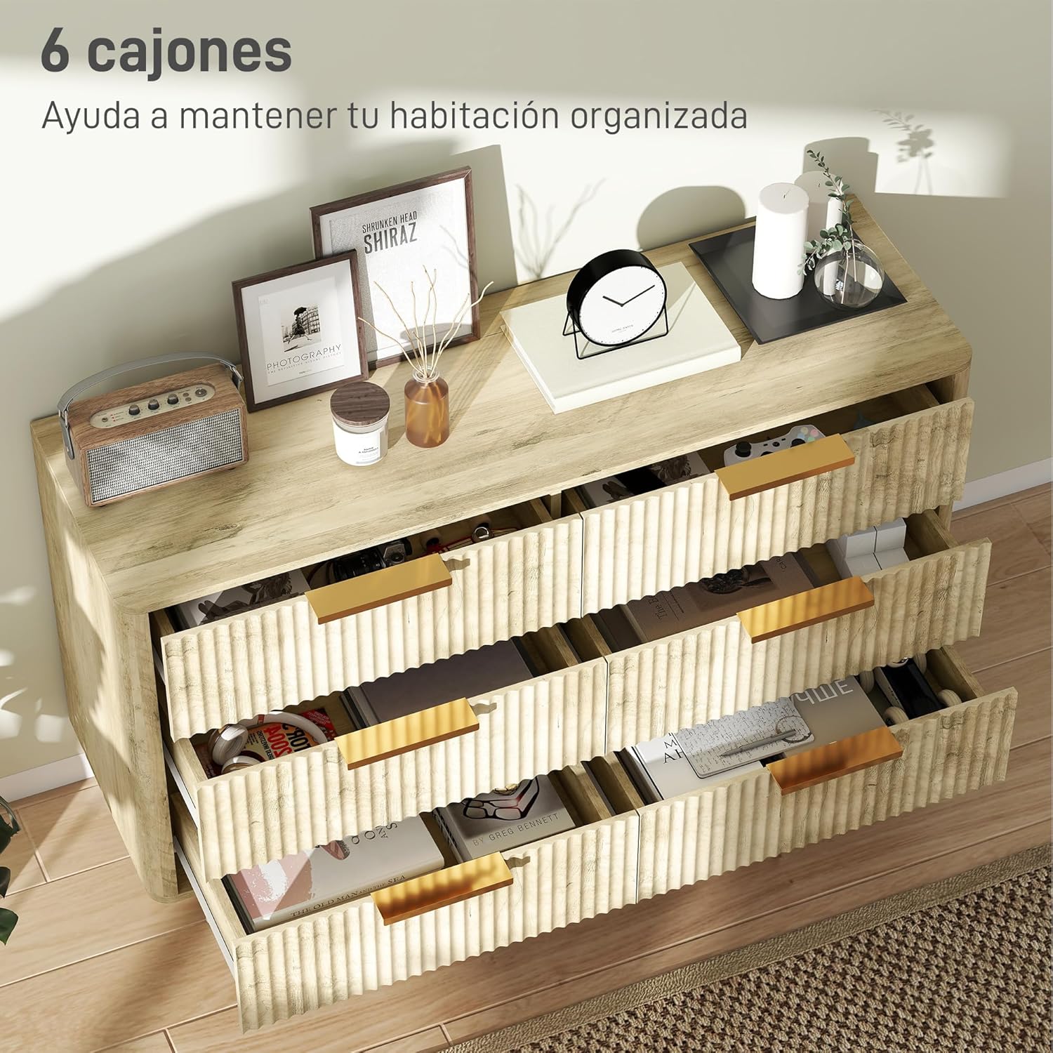 HOMCOM Cómoda de 6 Cajones Cómoda para Dormitorio con Diseño Estriado y Patas de Madera Cajonera Aparador para Salón Pasillo 62x35x105 cm Roble