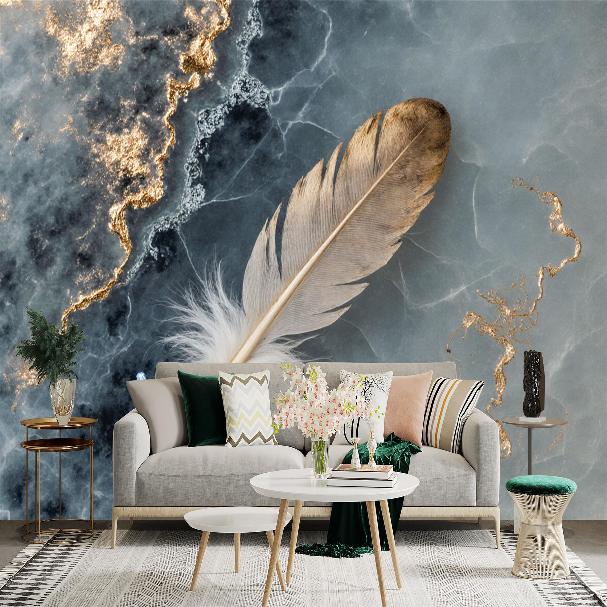 Custom Size Wall Sticker Mural， Elegant Feather on Grey Marble Background， Abstract Gold Veins Texture， Minimalist Artistic Design， for wall Decoration， peelandstick wall Decals.