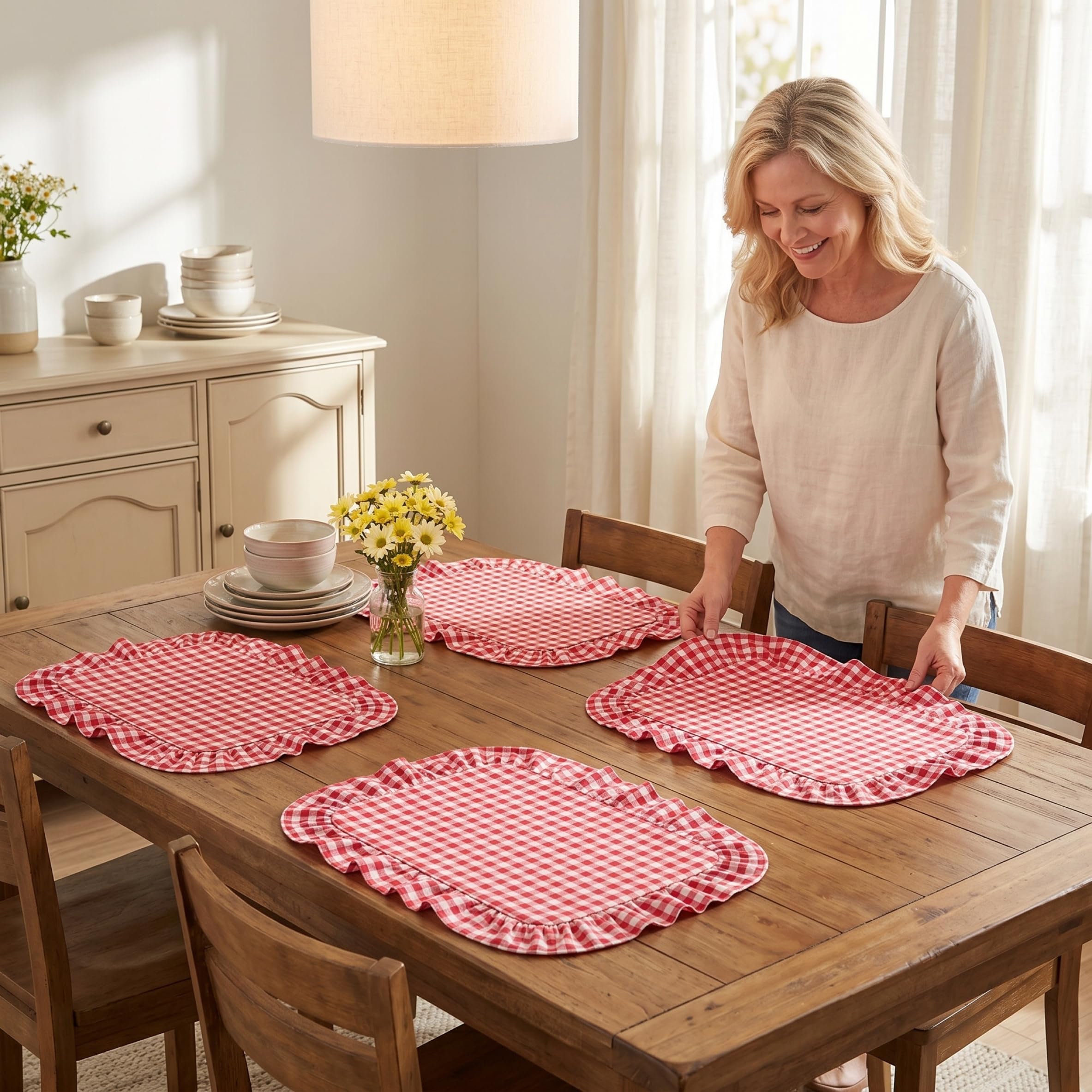 Set Of 4 Scalloped Gingham Placemats, 13.78x17.72 Inch Scalloped Placemats, Cotton Ruffle Edge Table Mats, Red Plaid, Ornaments extérieurs