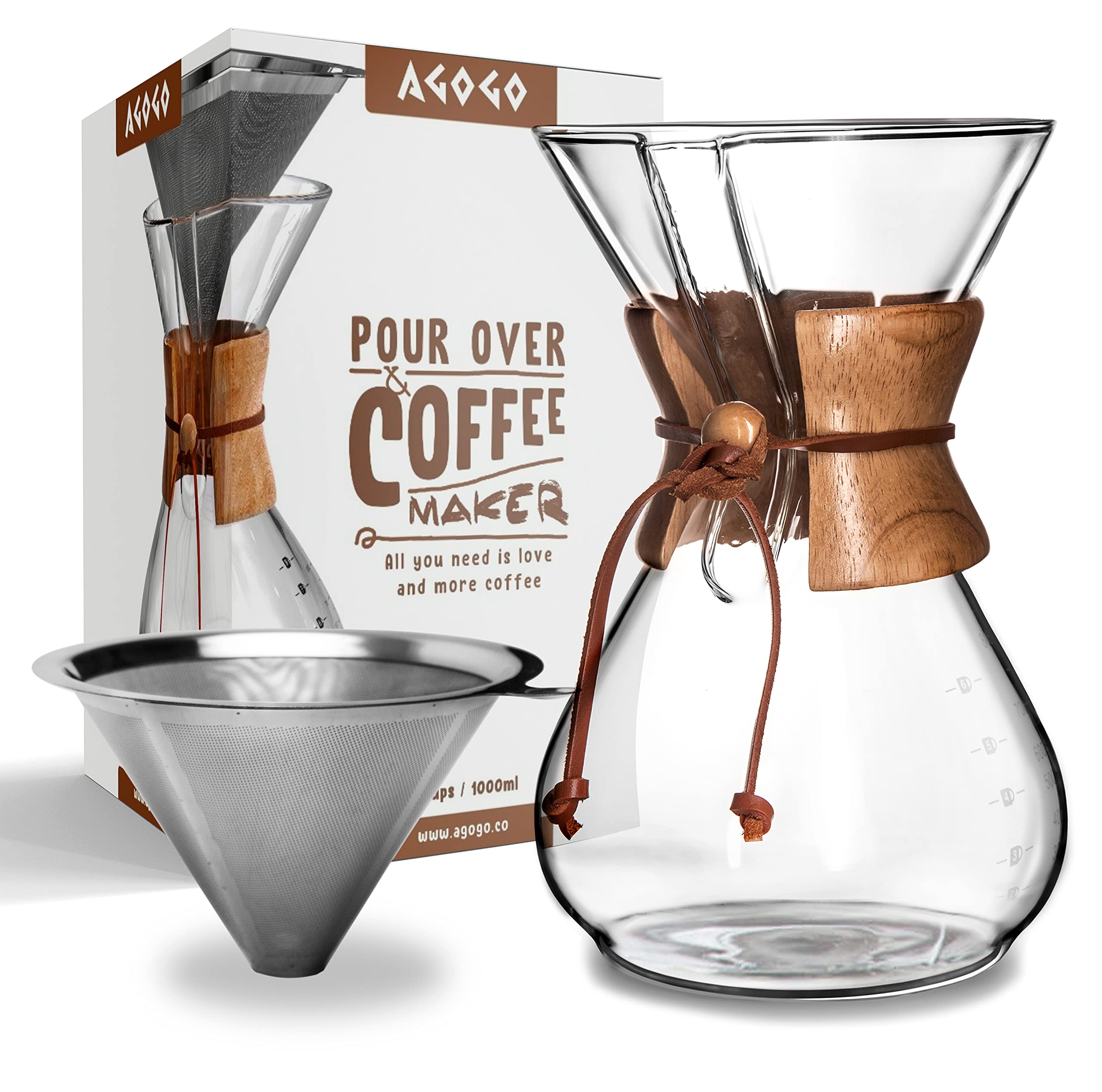 AGOGO Pour Over Coffee Maker-Borosilicate Glass Coffee Pot-Coffee Dripper with Metal Filters Carafe 8 Cup