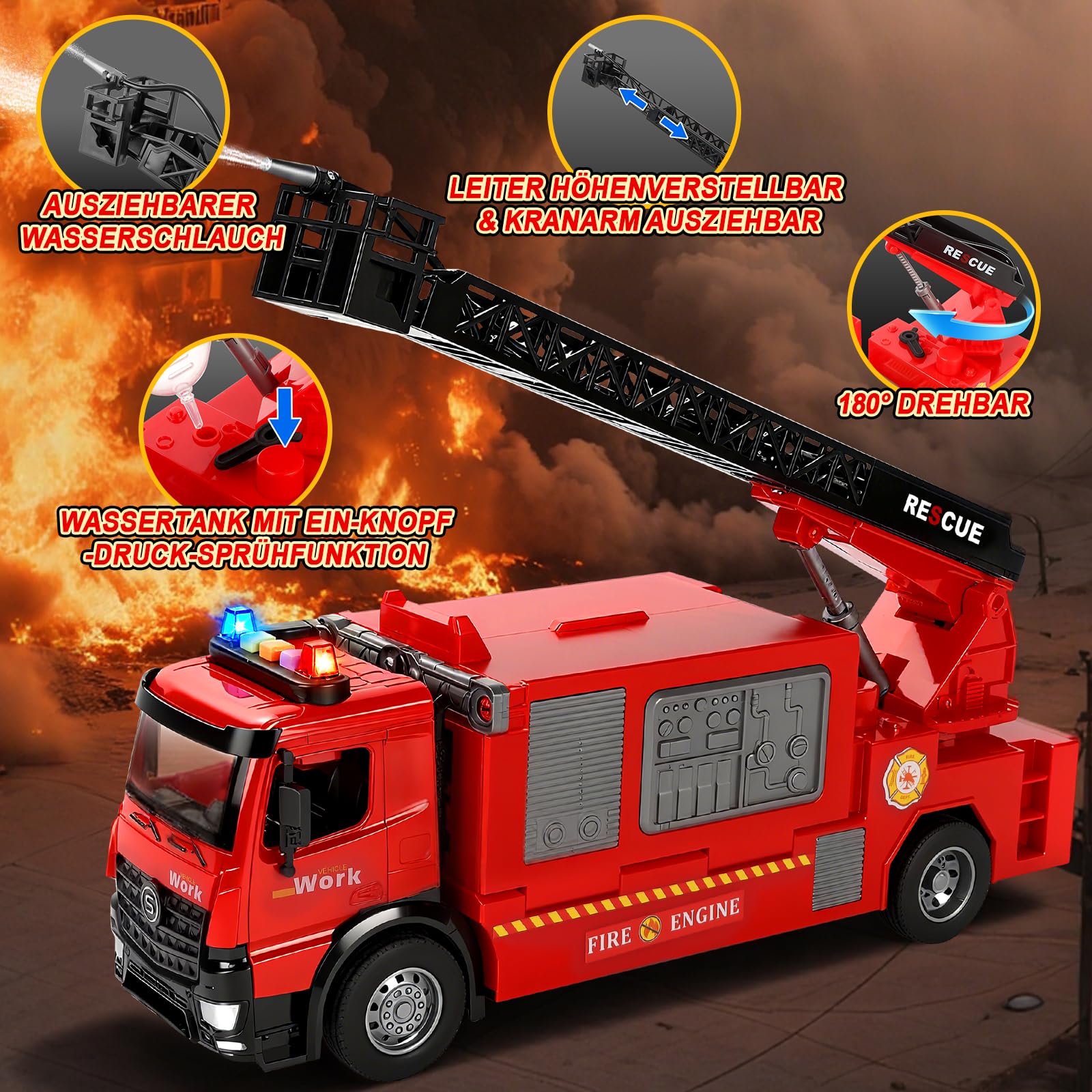 JONRRYIN Feuerwehrauto Groß, Feuerwehr Auto Spielzeug mit Drehleiter, Sound und Licht, Wasserspritz Funktion, Feuerwehr Spielzeugauto, Geschenk für Jungen, Kinder Löschfahrzeug für Junge 3 4 5 Jahre