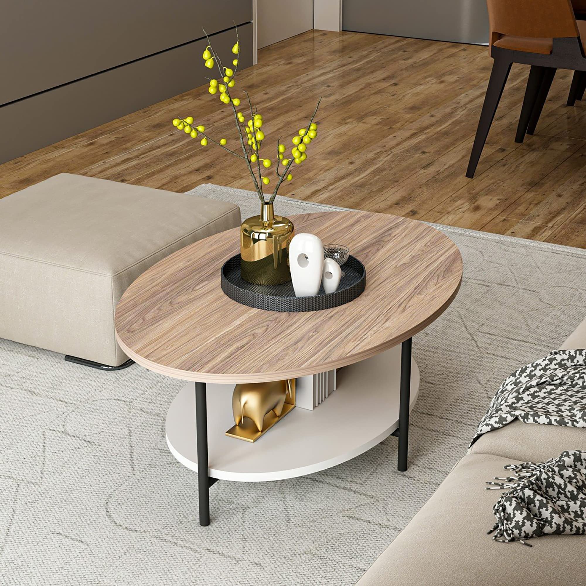 [en.casa] Mesa de Centro con Estante Mesa Auxiliar para Sala de Espera Ovalada Uso Versátil Aglomerado/Metal 36 x 90 x 60 cm Roble/Blanco