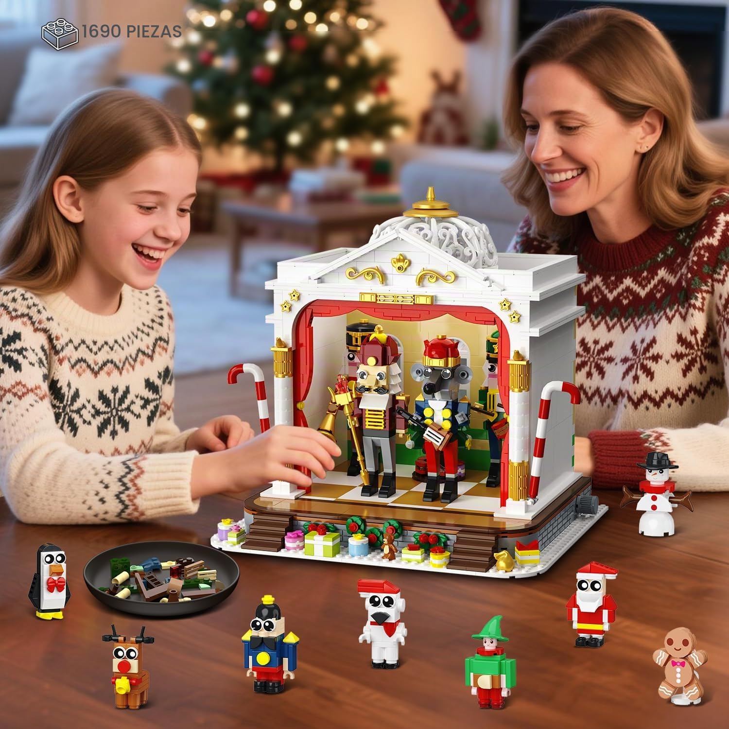 HOGOKIDS Calendario de Adviento 2025, juguete de construcción de teatro con luz, 24 días de cuenta atrás de Navidad, 3,6 mini juguetes con 12 minifiguras y tren de árbol de Navidad, regalo para