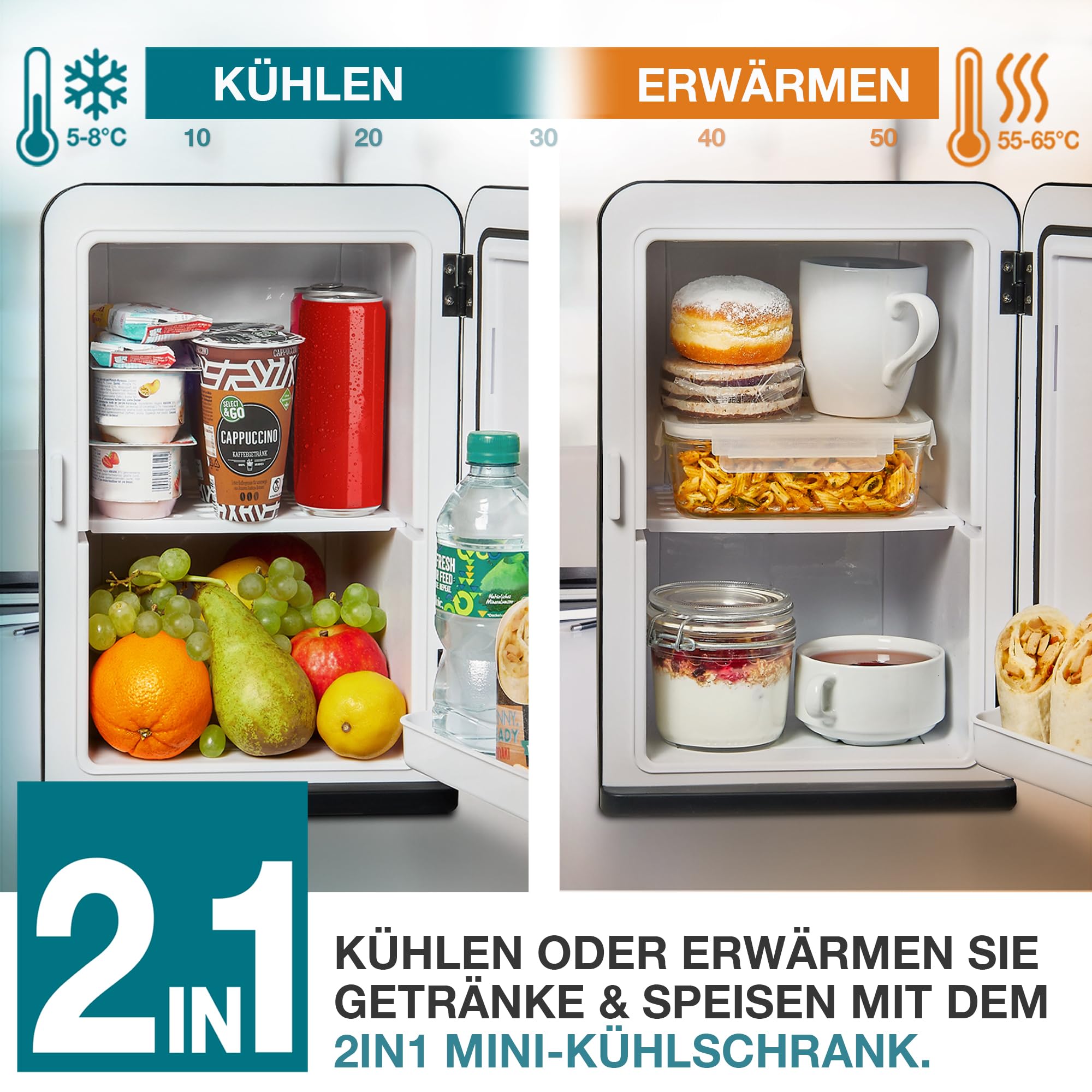TOM 2in1 Mini Kühlschrank 15 L – Kühl- & Heizfunktion | Tragbarer leiser Kühlschrank für Auto, Camping, Wohnmobil, Gaming und Kosmetik – kompakter Minikühlschrank in Schwarz & Mint