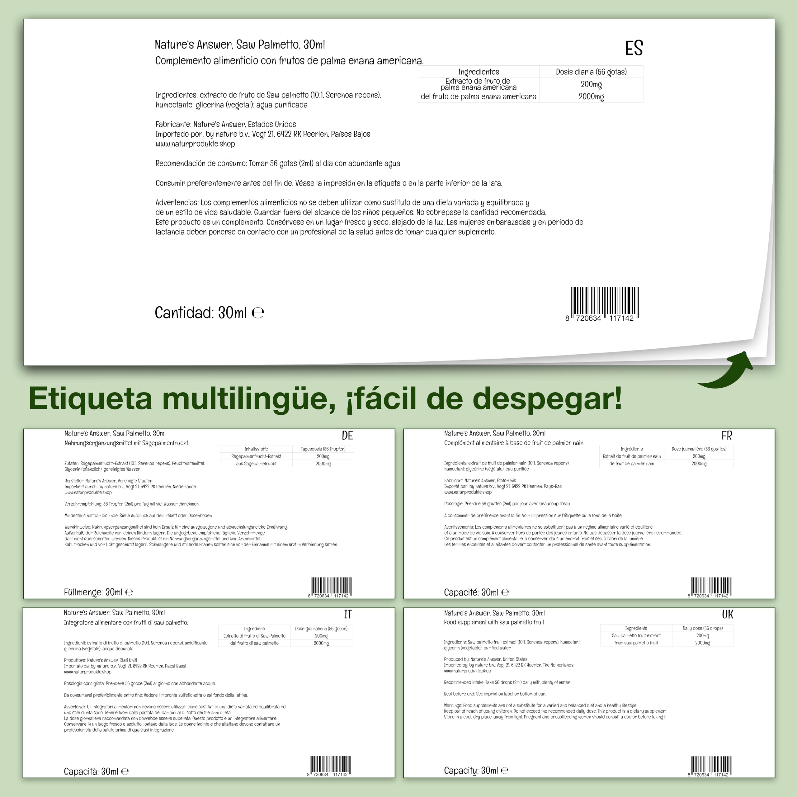 Nature's Answer, Saw Palmetto Extract (Extracto de Saw Palmetto), Sin Alcohol, Gotas Veganas, 30ml, Probado en Laboratorio, Sin Gluten, Sin Soja, Vegetariano, No GMO