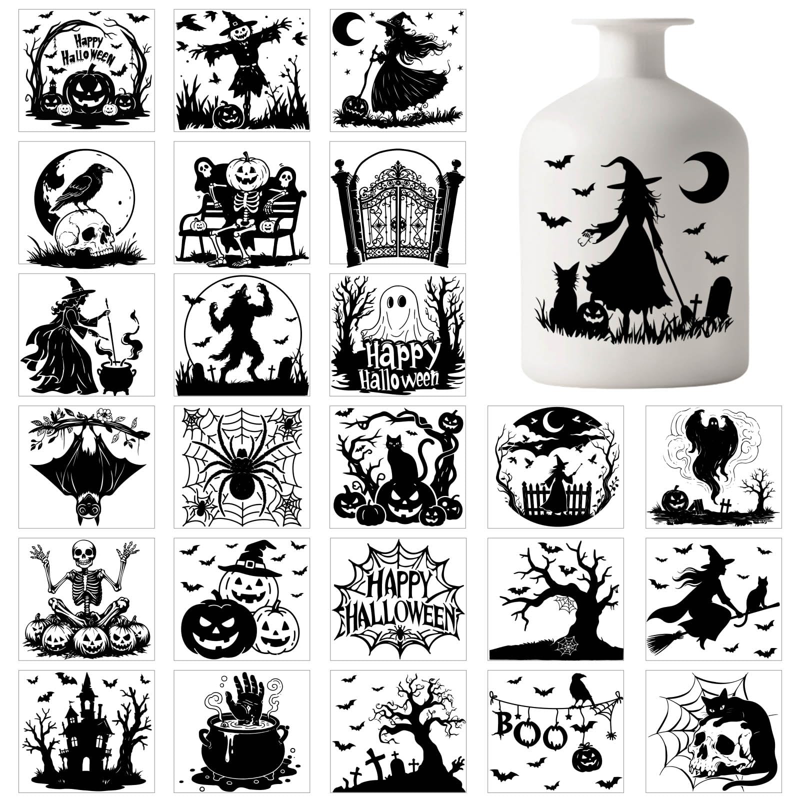 Autocollants silhouette Halloween GLOBLELAND, 25 feuilles de stickers noirs pour pots et vitres