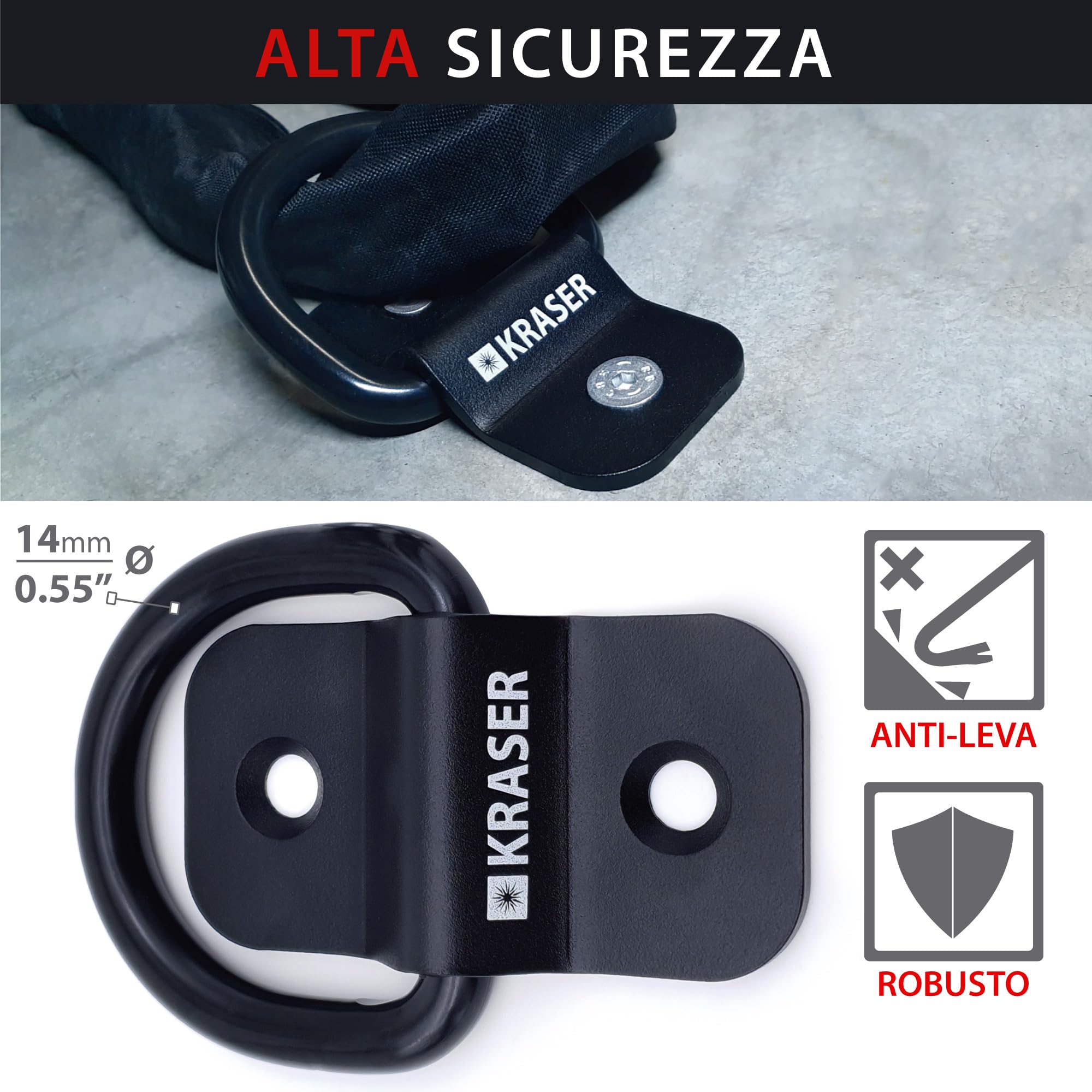 KRASER KR802 Ancoraggio Pavimento Moto Antifurto Fissaggio a Parete Garage Parcheggio Biciclette, Sicurezza Rimorchio Fissa, Anello Bilanciere ø14, Acciaio Resistente Compatto 12,8 x 6,5 Include Viti