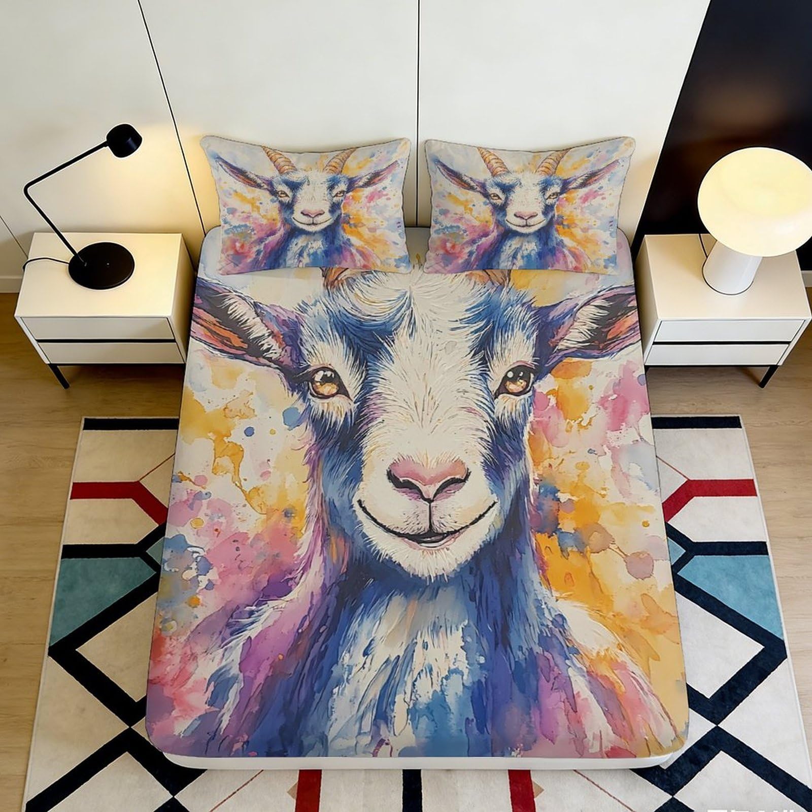 Jqzkxnhpbr Style-1 3D Printed Colorful Goat Art Fitted Sheet Microfiber Soft Mattress Cover Bedroom Dorm Decor Dustproof Easy Care 90X200x25cm