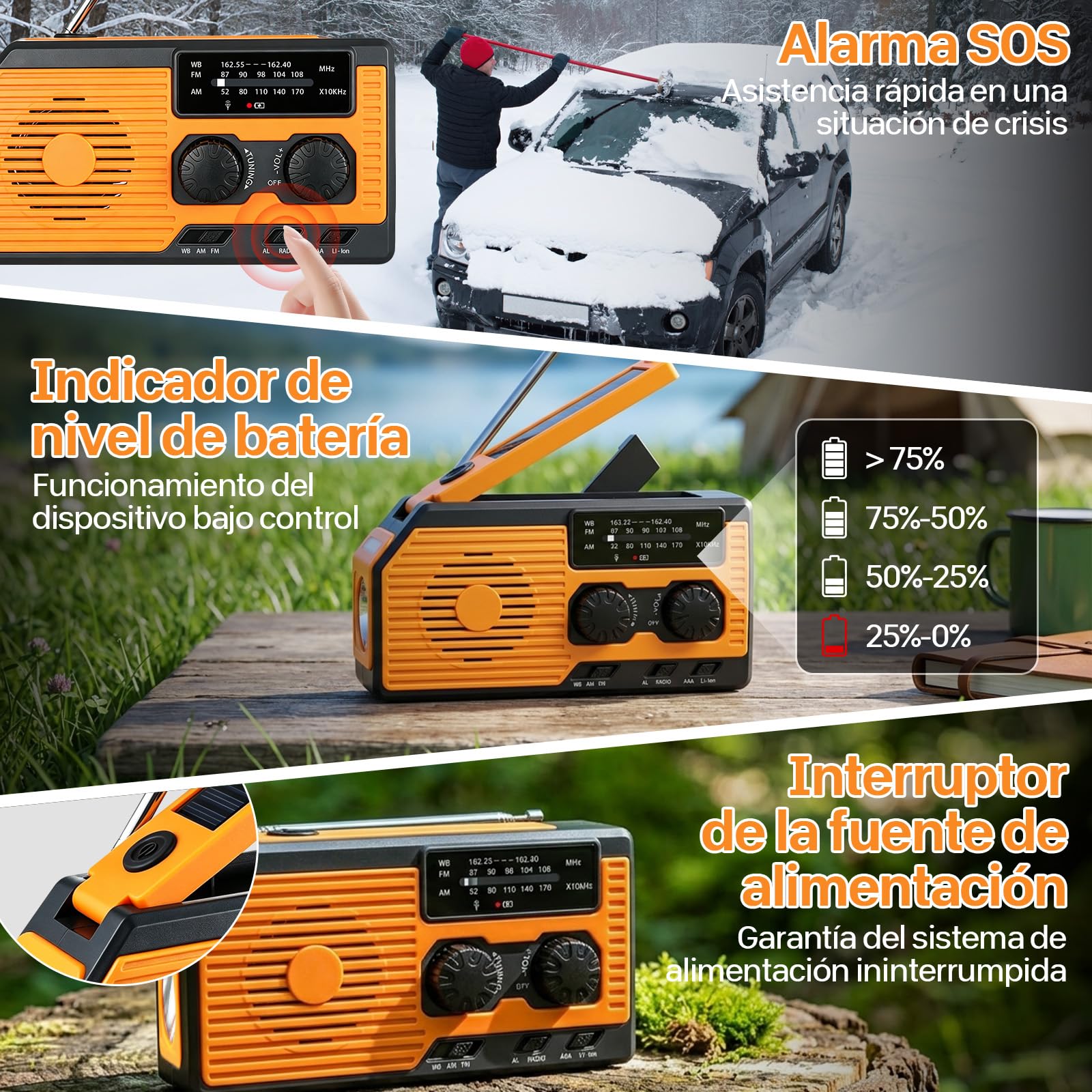 VHV Radio Manivela Solar Emergencia, Emergencia Portátil, Manivela Solar Am/FM/NOAA, Batería Power Bank 5000mAh, Radio de Supervivencia con Manivela, Linterna, Alarma SOS (Color)