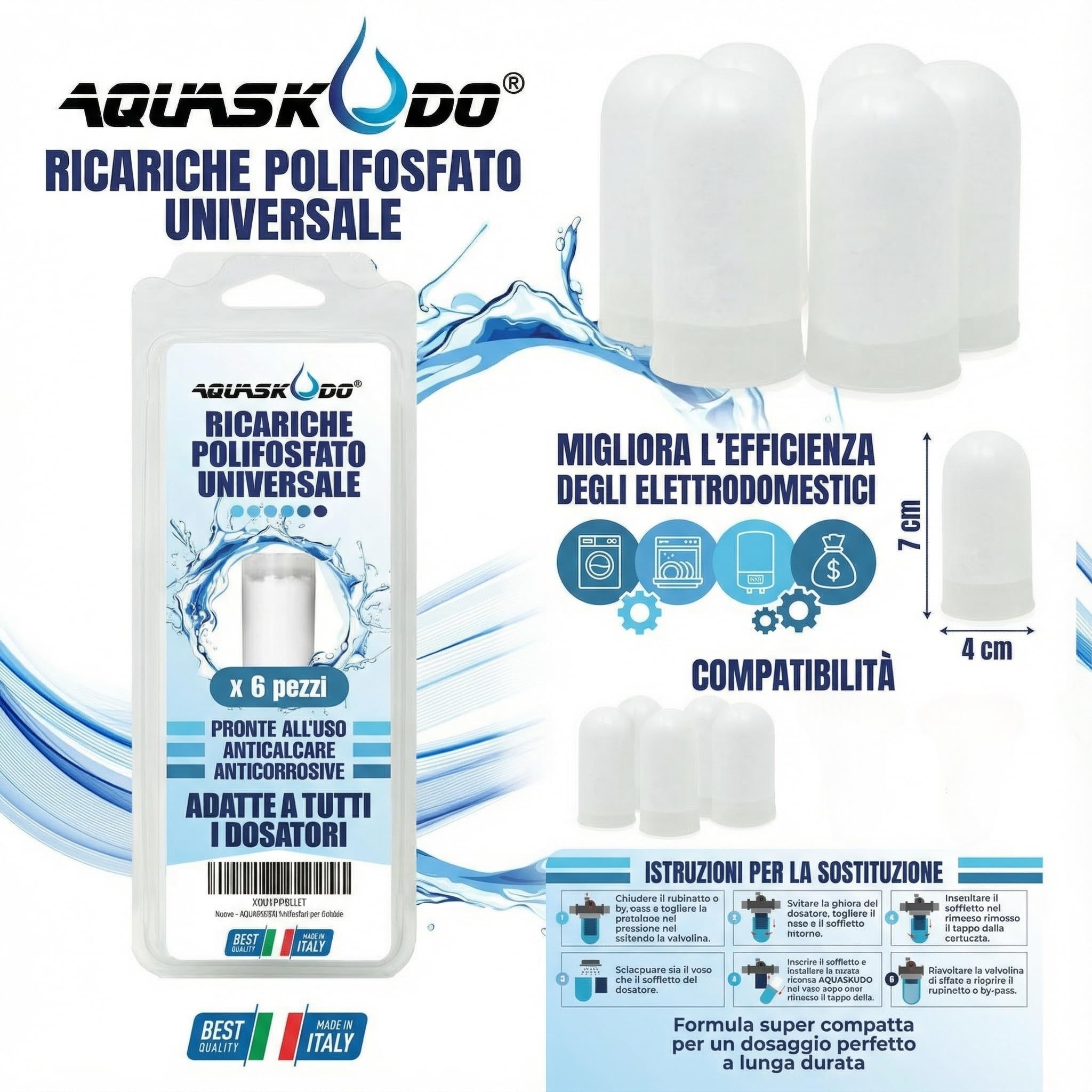 AQUASKUDO Polifosfati per Caldaia Ricarica - Cartucce Universali per Filtro Anticalcare Made in Italy - 6 Ricariche Polifosfati per Caldaie