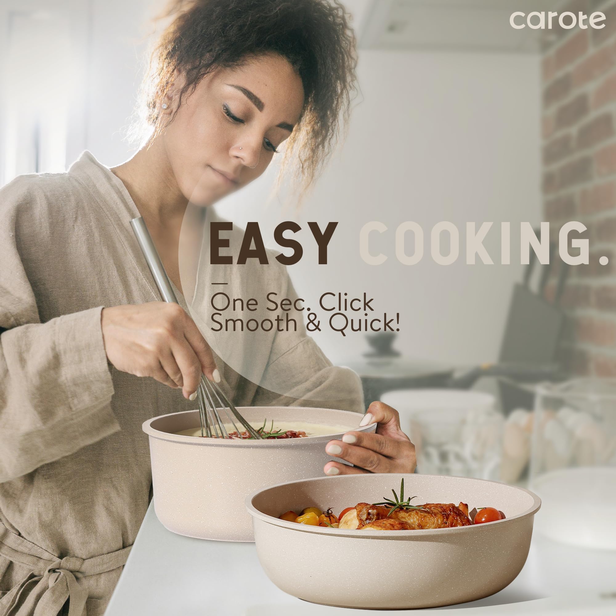 CAROTE Set di 19 pezzi di pentole e padelle antiaderenti, set di pentole con manico staccabile, set da cucina a induzione con manico rimovibile, cucina per camper, adatto al forno, colore: taupe