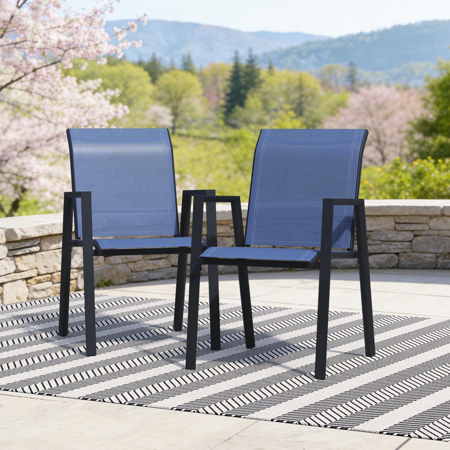 Outdoor Dining Chairs Set of 2, High-Back Stackable Patio Chairs with Metal Frame, Lightweight Sling Design, Ideal for Garden, Deck, Poolside, Blue