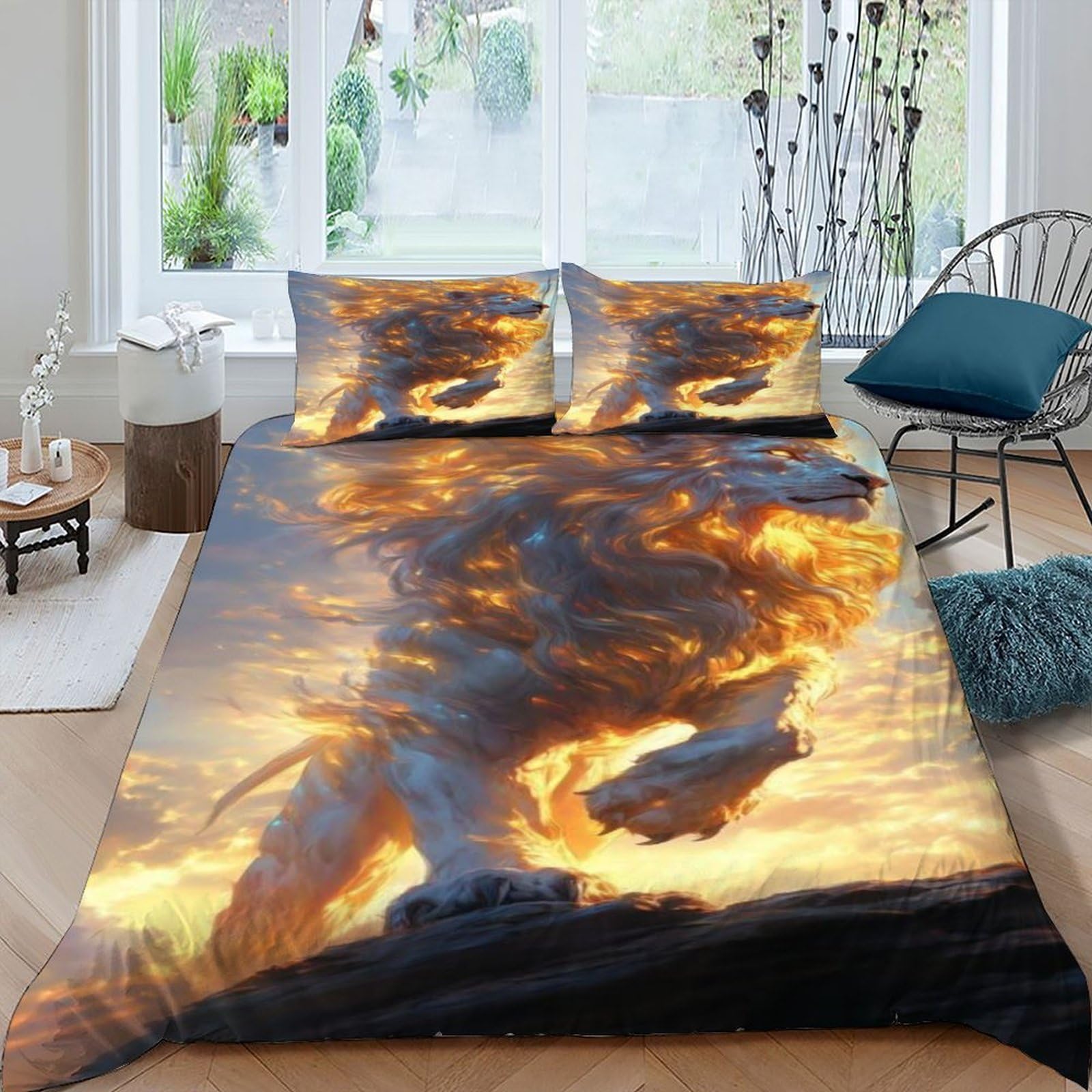 Housse de couette lion flamme 220x240cm avec 2 taies d'oreiller