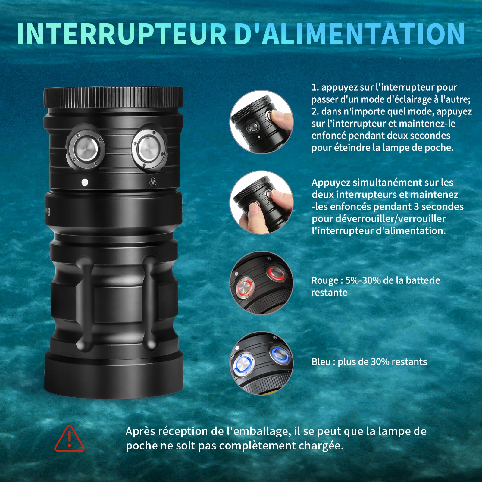 SE 7500 lumens Lampe de plongée – Lampe vidéo sous-marine professionnelle avec CRI 92, lumière blanche 5200K, pour la plongée et la photographie sous-marine (étanchéité IP68, profondeur 100m)
