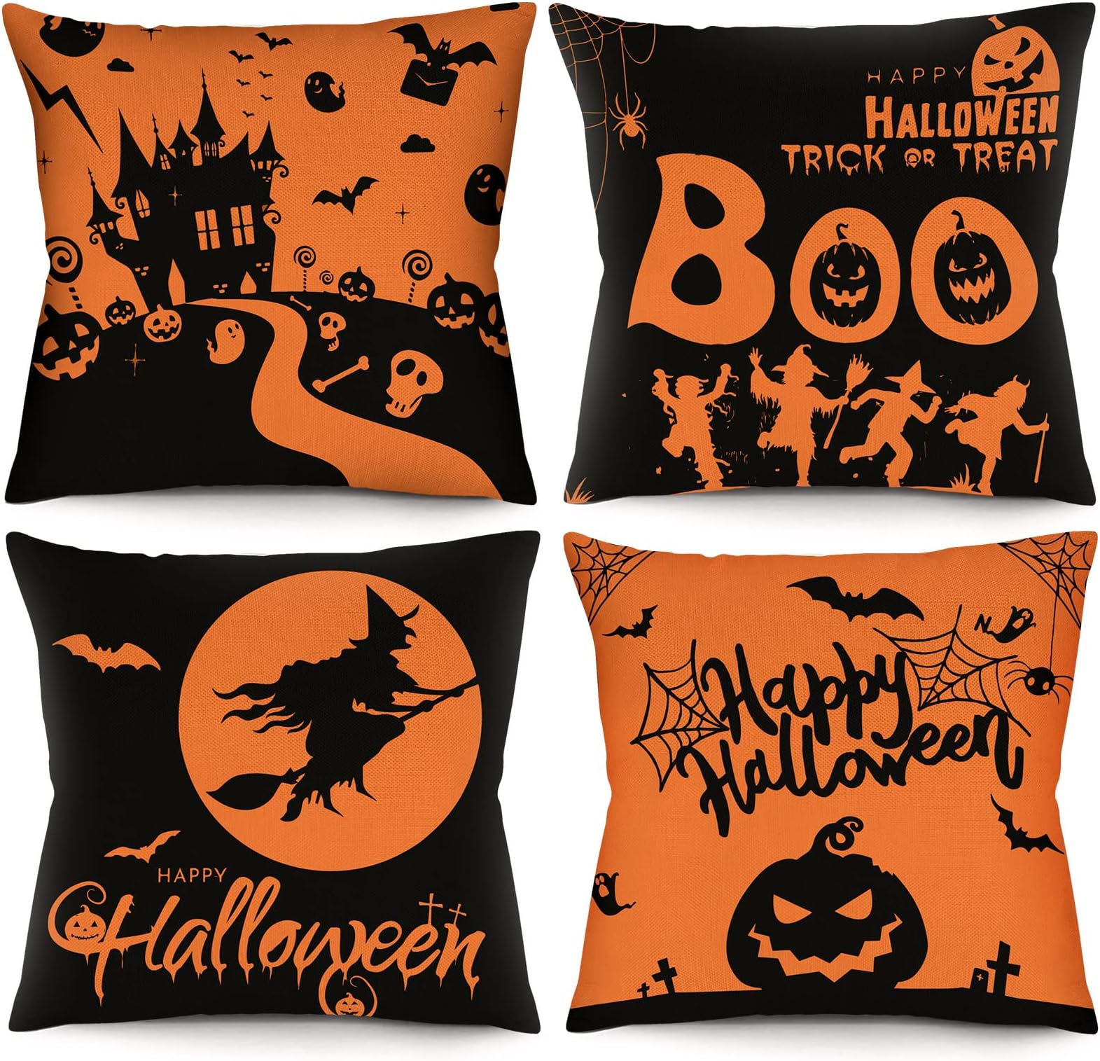 Wareon Halloween Decorations Throw Pillow Covers 18x18 Inches Set of 4 Halloween Decor Clearance Trick or Treat Farmhouse Pumpkin Bat Cushion Cover for Sofa Couch Living Indoor Room Bedroom Outdoor