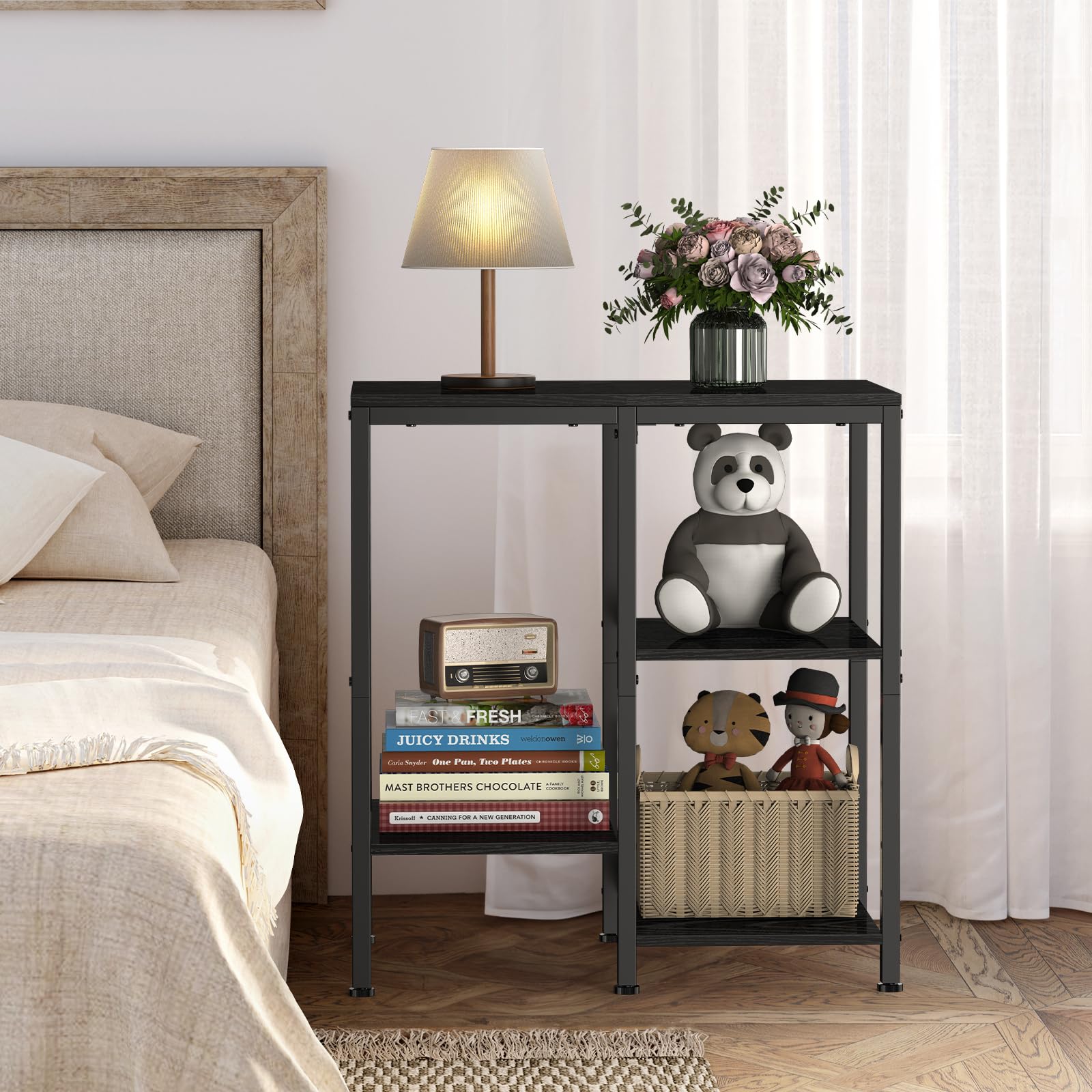 smusei Estantería Multifuncional de 4 Niveles, Estilo Minimalista, Negro, 66 x 40 x 60 cm, 4 Estantes Ajustables, 50 lbs de Capacidad, Incluye Hardware, Montaje en 30 Minutos