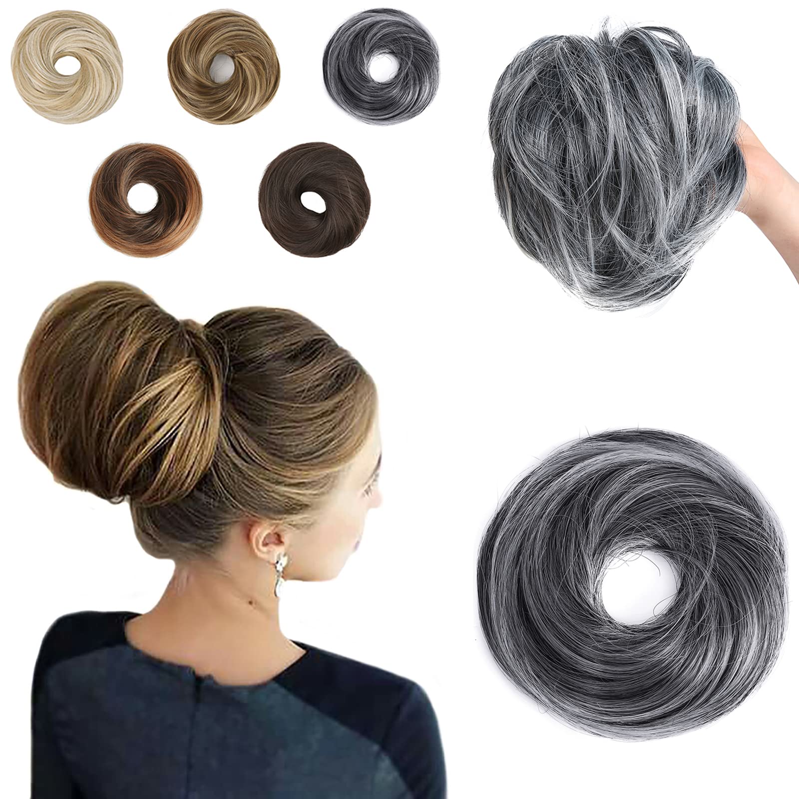 Elaine Straight Hair Buns Hair Piece Synthetic Messy Bun Scrunchies for Women Updo Bun Extension Ponytail Hairpieces for Women's hair (Jet Black Tip Gray -#115)