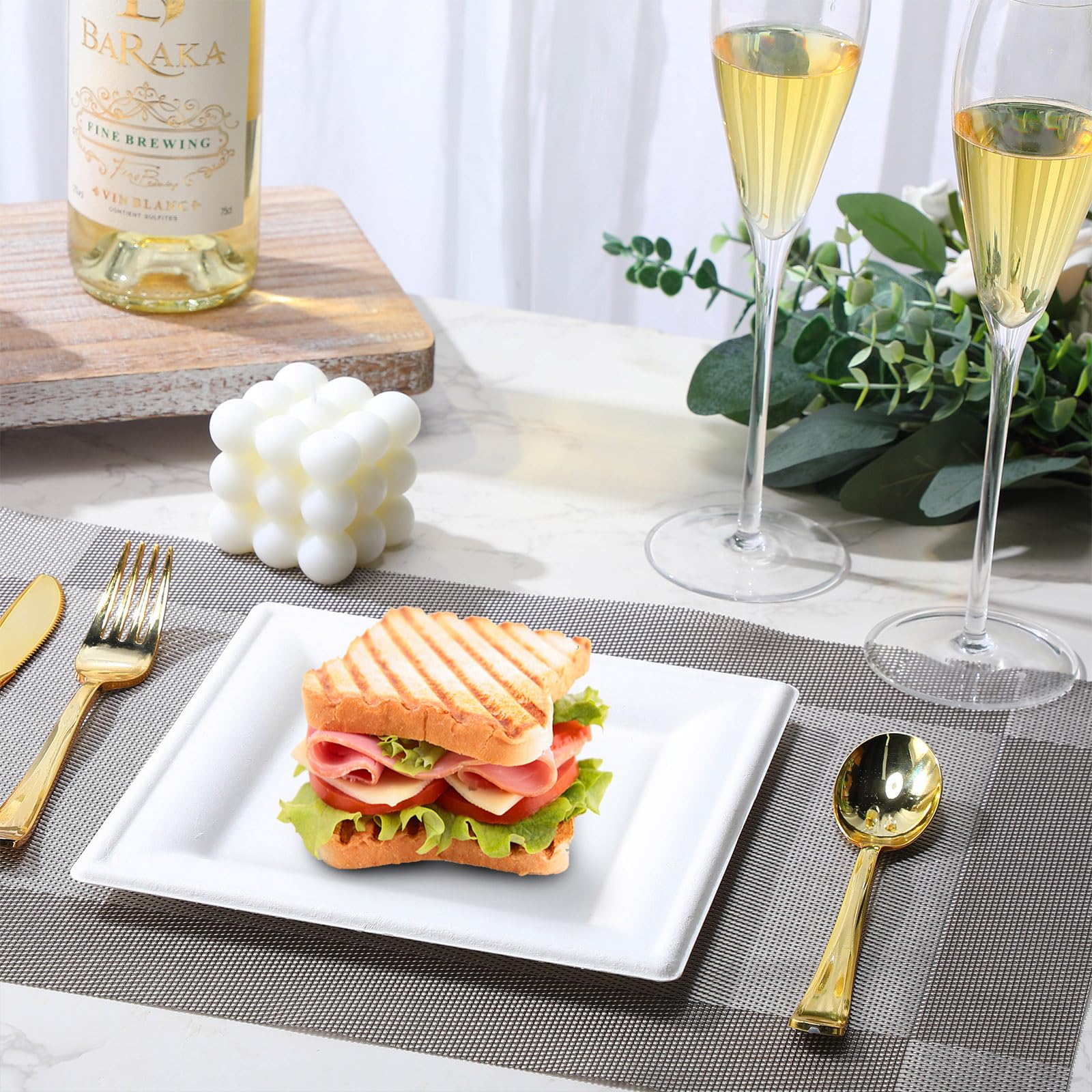Lallisa 200 Stück 20.3 cm weiße Einweg-Pappteller, quadratische Einweg-Vorspeisenteller, Bagasse, Faser, Dessertteller, Speiseteller, Partyteller für Salat, Kuchen, Bulk, Hochzeit, Restaurant