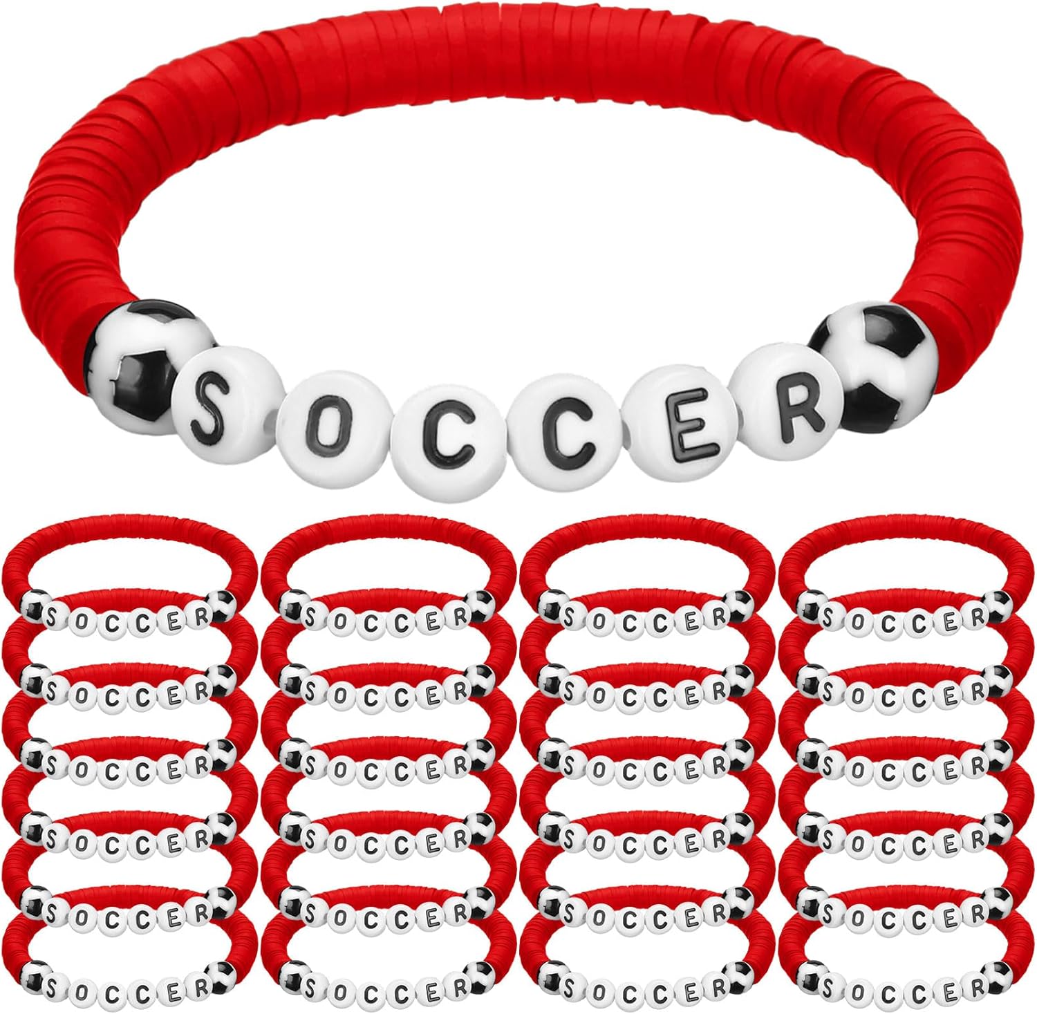 24 Pcs Valentine's Soccer Gift Bracelets Stackable Clay Beaded Bracelets Soccer Party Favors Beaded Ball Adjustable Clay Bracelet Jewelry Sports Gifts Supplies