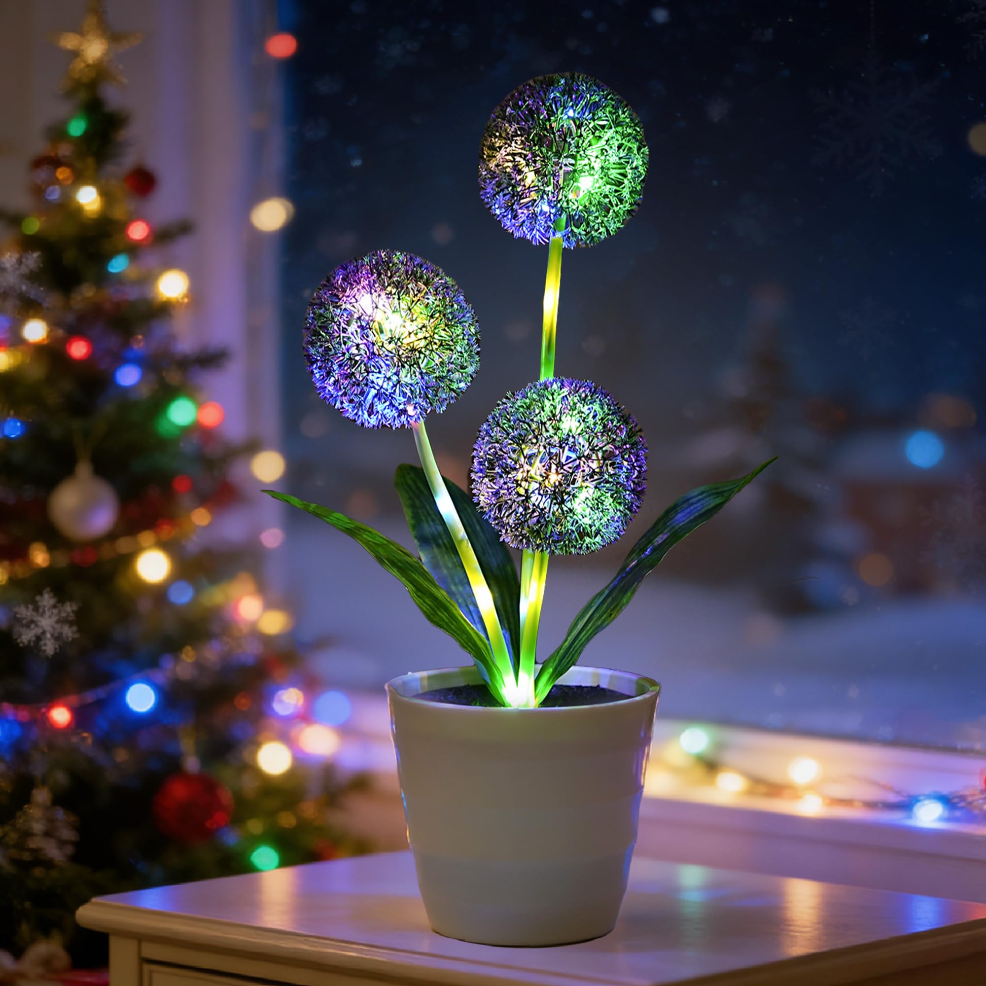 Artificial Purple Allium Flower Lamp, Color Changing LED Light with White Pot, Battery Powered for Bedroom Wedding Christmas, Gifts for Women Mom Grandma Girlfriend on Birthday Christmas Valentines