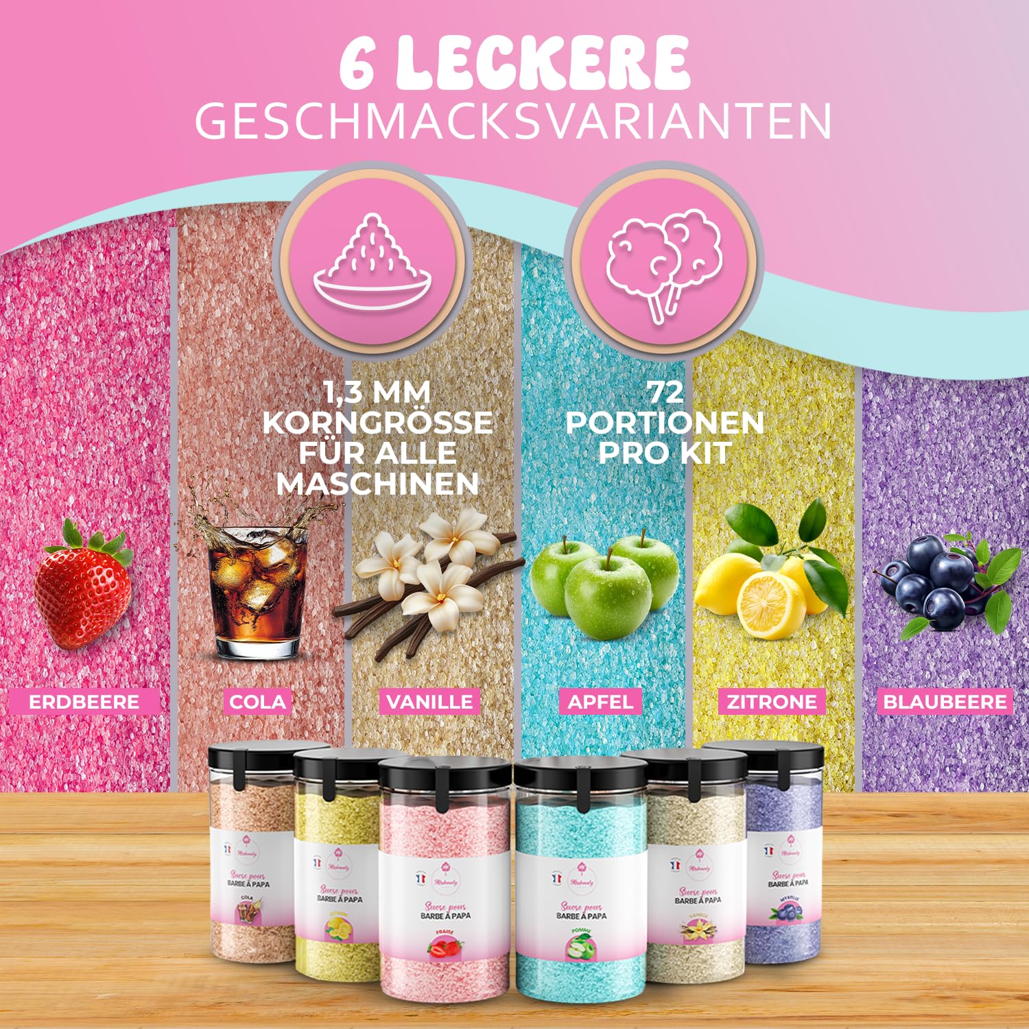 Misskandy® 6-smakowy zestaw do waty cukrowej, 72 porcje - zawiera 50 patyczków do maszyny do waty cukrowej - smaki obejmują colę, wanilię, truskawkę, jagodę, cytrynę i jabłko