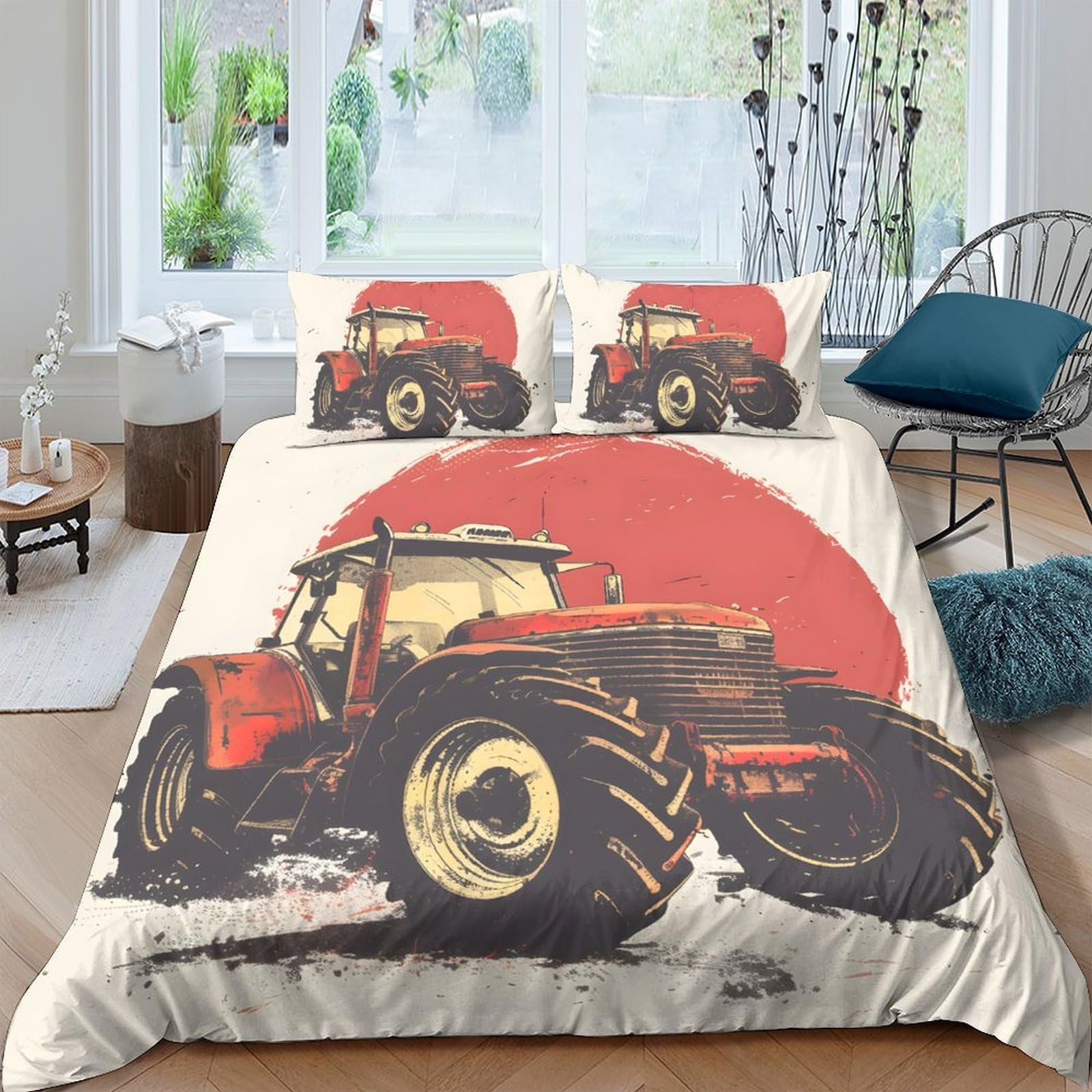 TUFRTGYHN 3D Printed Red Tractor Duvet Cover Microfiber Soft Breathable Rural Farm Bedding Set with 2 Pillowcases for Bedroom Decor Single（135x200cm）