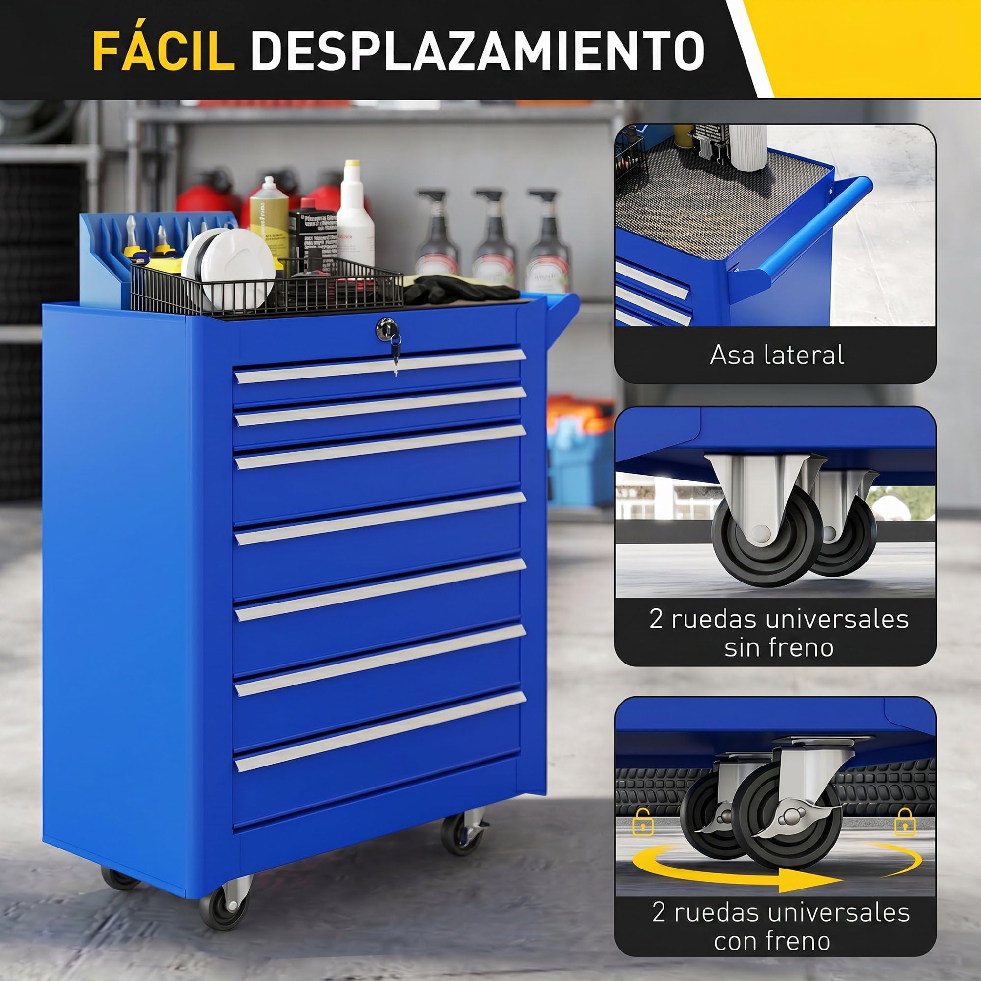 DURHAND Carro de Herramientas con 7 Cajones, Carro de Taller con Cerradura, Asa, 2 Ruedas con Freno de Bloqueo, para Garaje, Hogar, Azul
