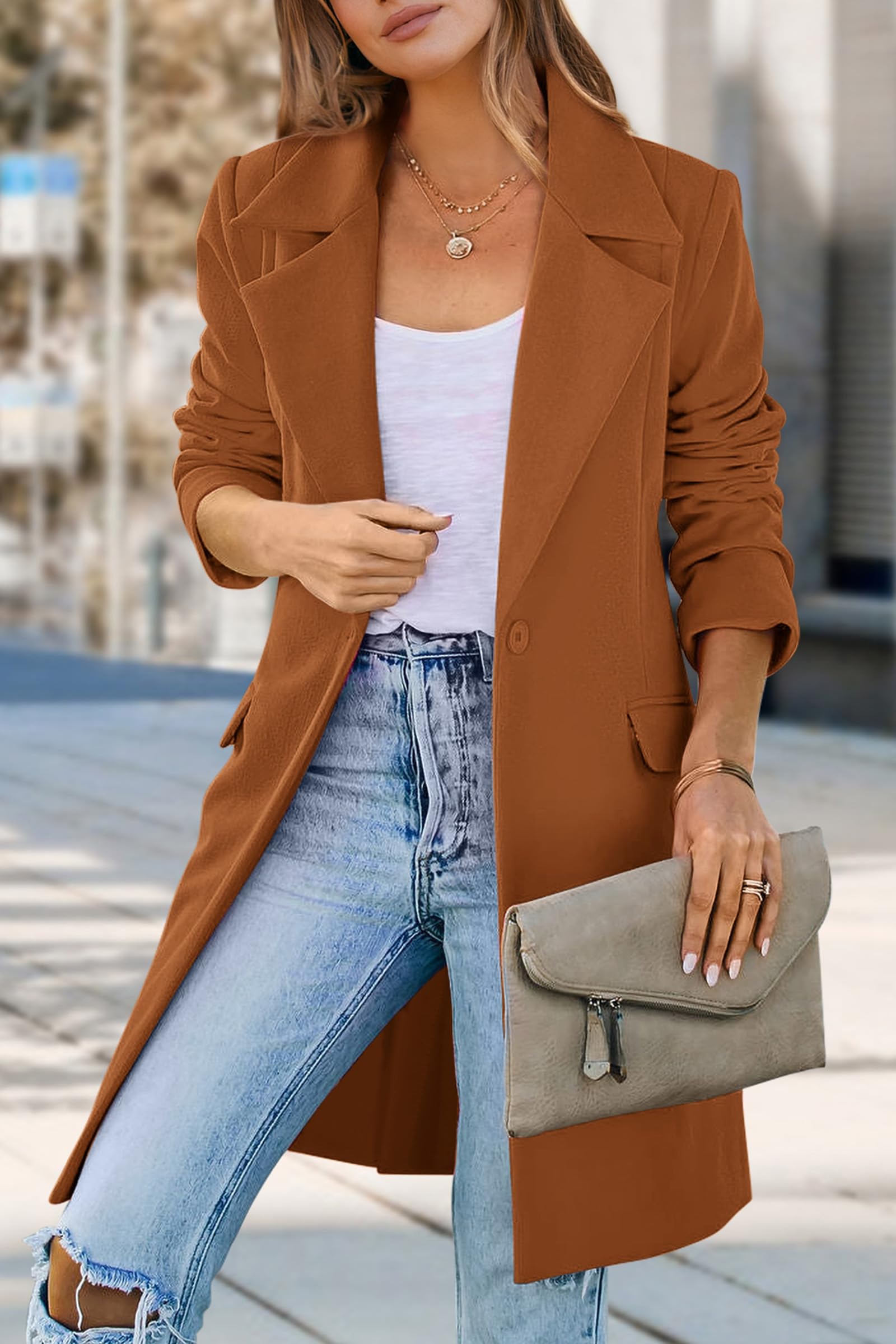 PRETTYGARDEN Women's Business Casual Long Blazer Jackets(Brown,M) view 3