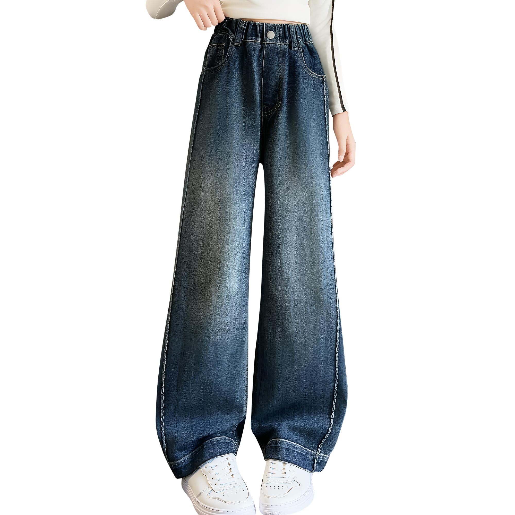 Vaqueros para Niñas, Baggy Cintura Elasticos Denim Jeans Pierna Anchos Pantalones Largo con Bolsillos Cómodo Casual Loose Moda Streetwear Infantil Ropa para 7-14 años