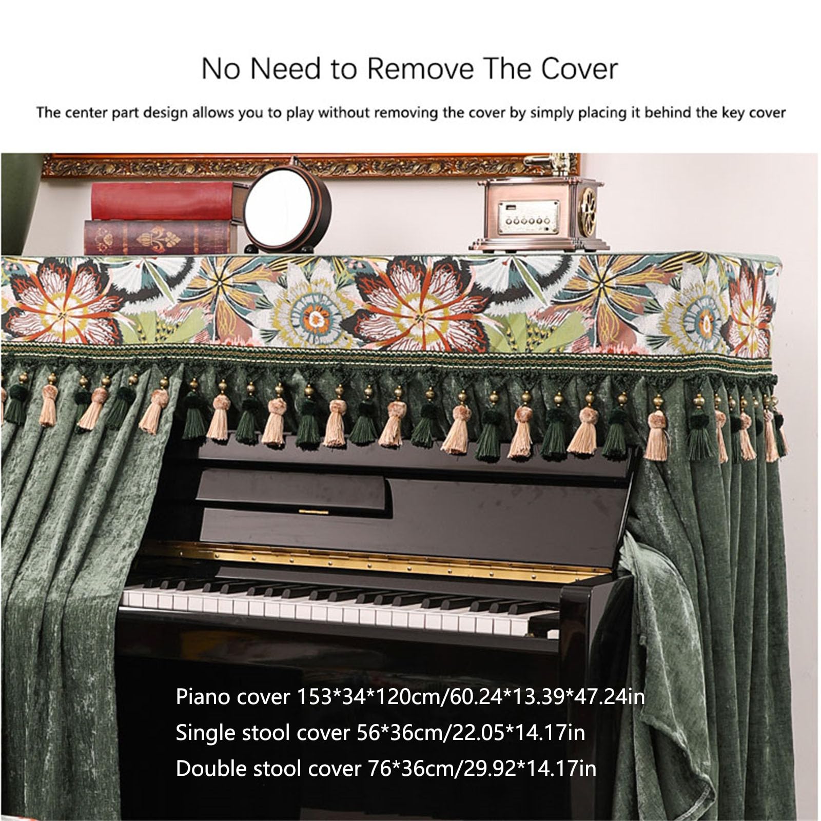 Panno Copri-Sgabello per Pianoforte con Copri-Sgabello, Copertura Completa di Lusso in ciniglia per Pianoforte, Copertura Protettiva Universale per Pianoforte Verticale con Ricami Floreali e