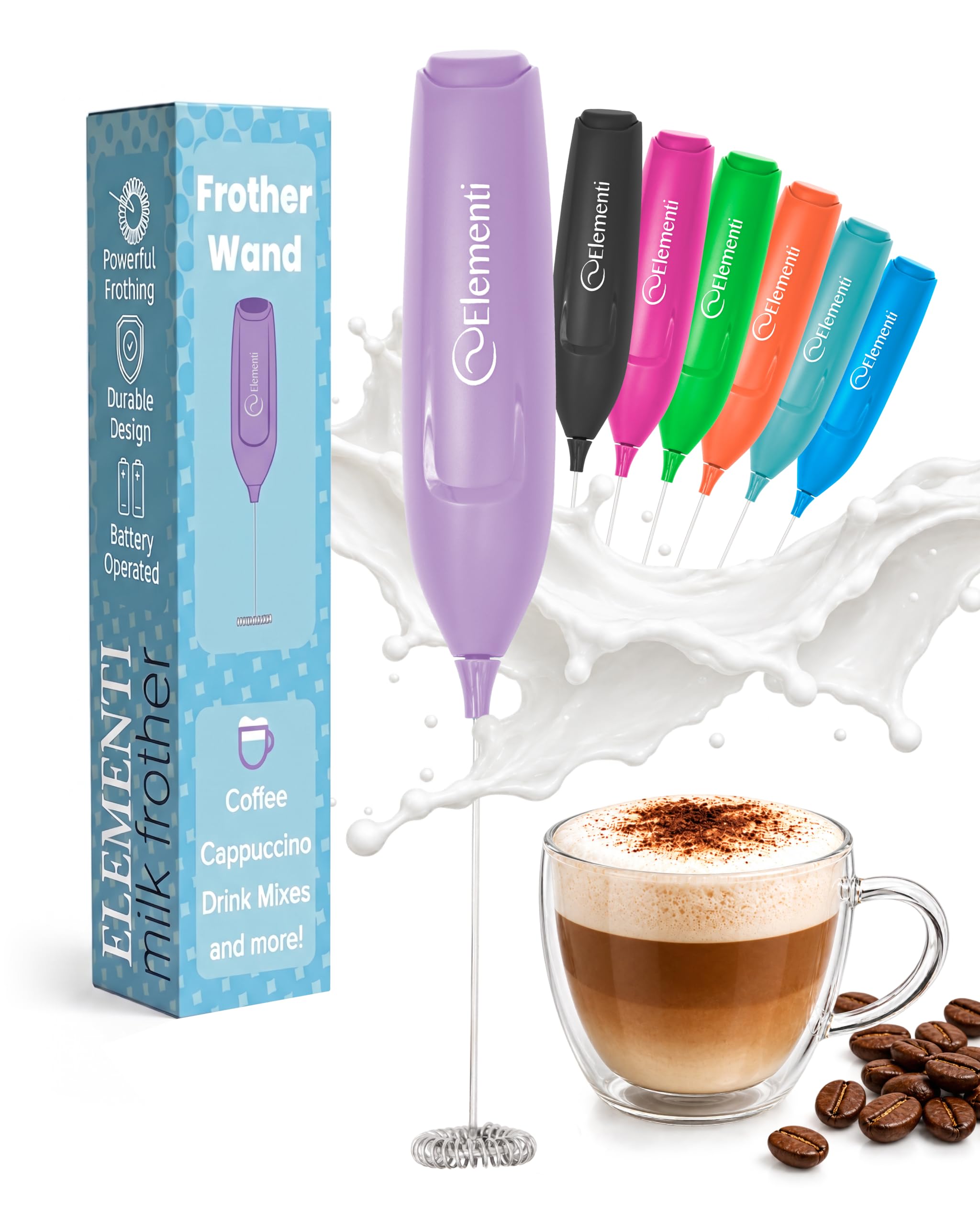 Elementi Powerful Frother Wand – Lightweight Milk Frother &amp; Drink Mixer Handheld, Matcha Whisk for Dreamy Lattes, Powerful Coffee Mixer Wand &amp; Blender Stirrer for Creamy Cappuccinos at Home (Lavender)