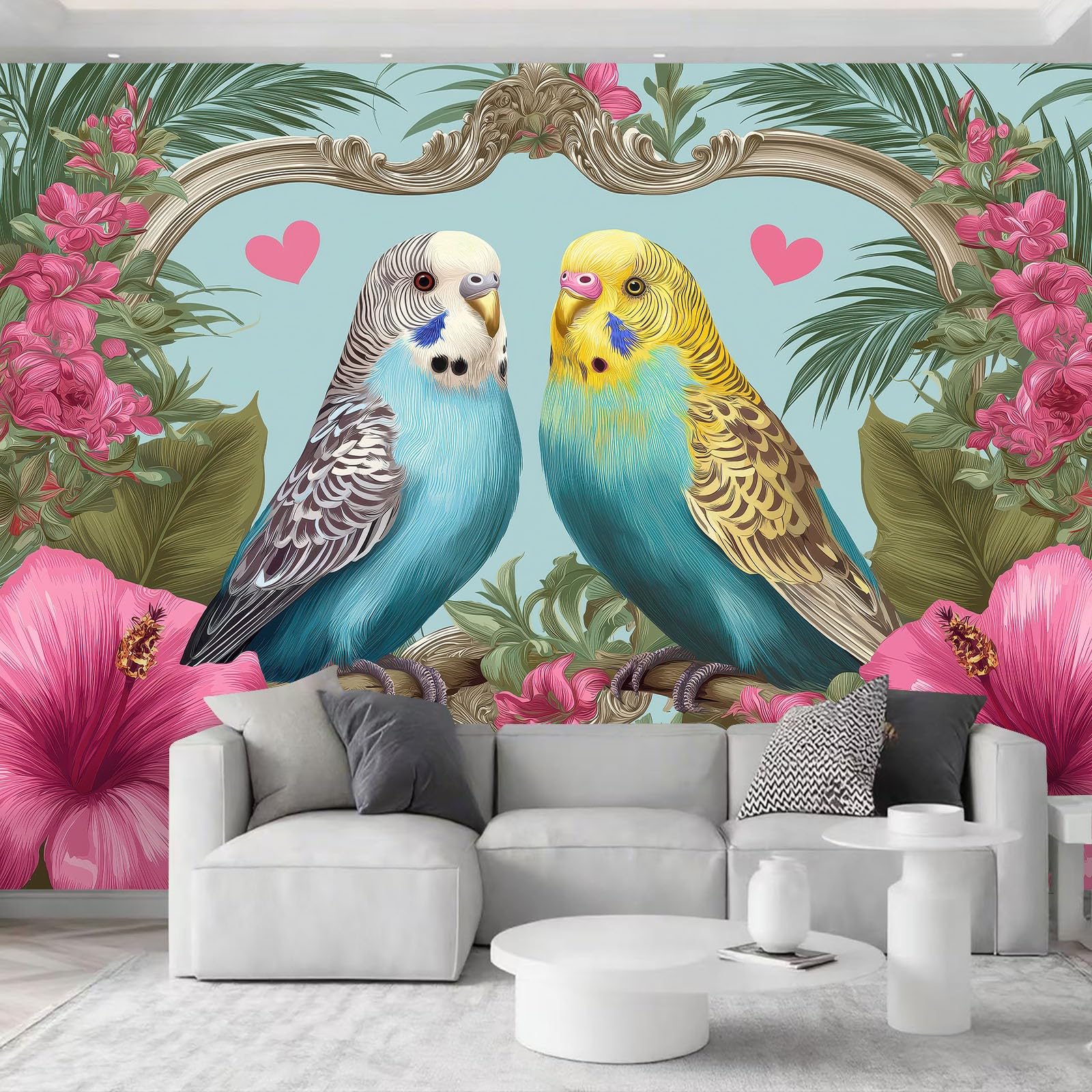 Générique Papier Peint Intissé Panoramique Vintage 300 x 210 cm - Papier Peint Photo Non Tissé pour Salon Chambre à Coucher Bureau, Fresque Murale Animaux Perruche Cœurs Feuilles de palmier