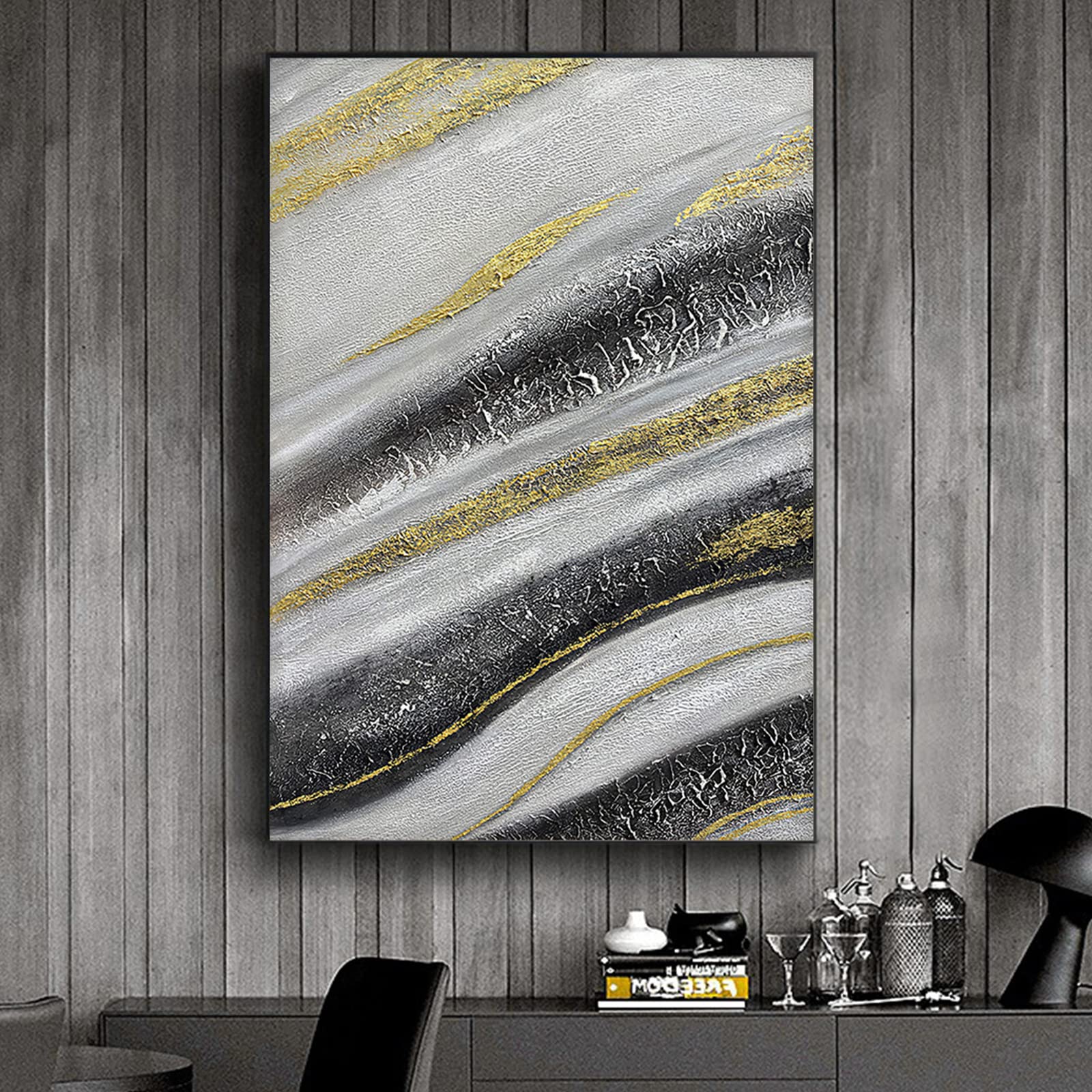 Abstrakte Wandkunst Schwarz-Grau-Gold, 40,6x61 Cm – Leinwanddruck Mit Goldfolie, Für Wohnzimmer
