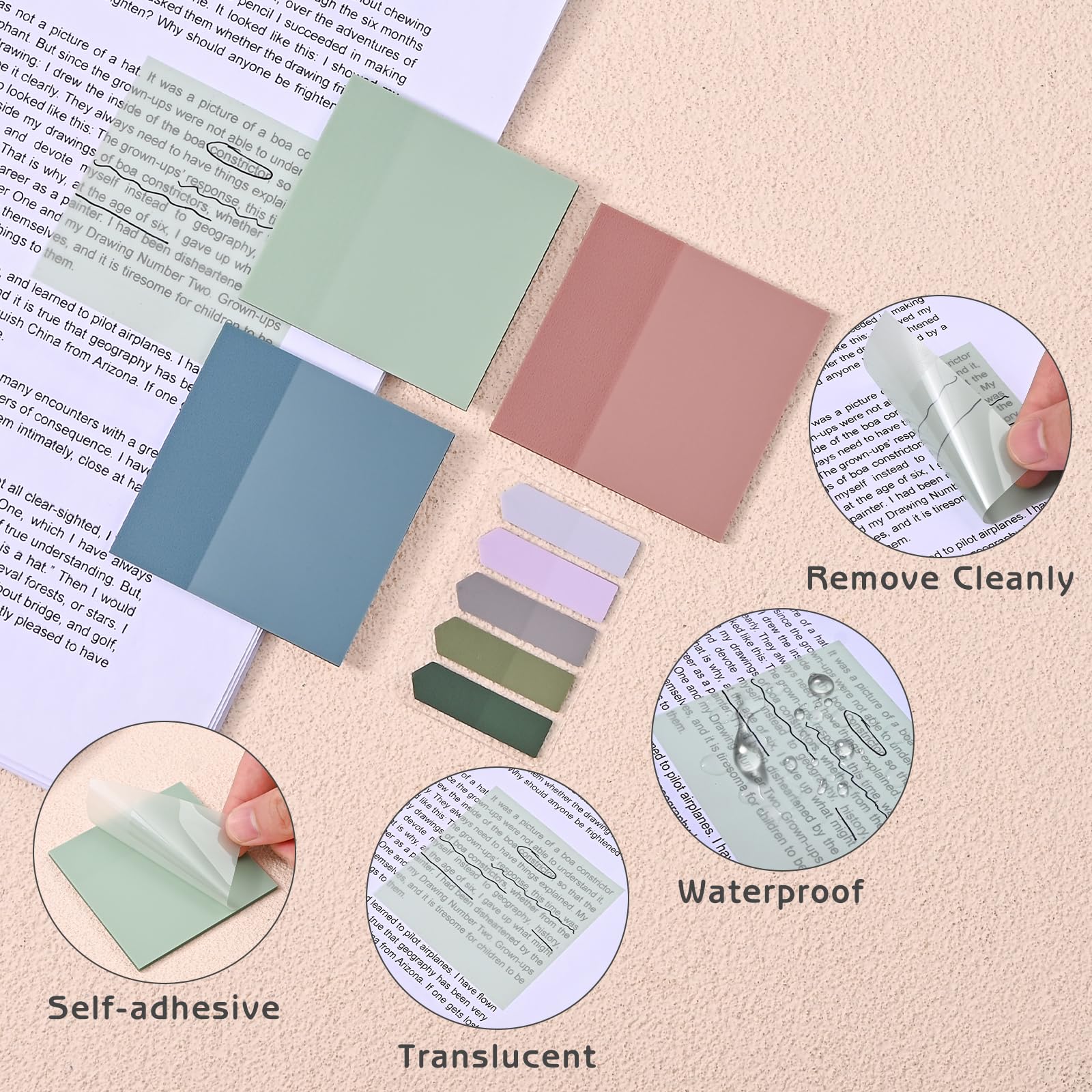 Transparente Haftnotizen, 7,6 x 7,6 cm, ästhetische, klare linierte Haftnotizen mit Stift, Farbverlauf, wasserdicht, selbstklebende Anmerkungsreiter für Bibeljournaling (grün)