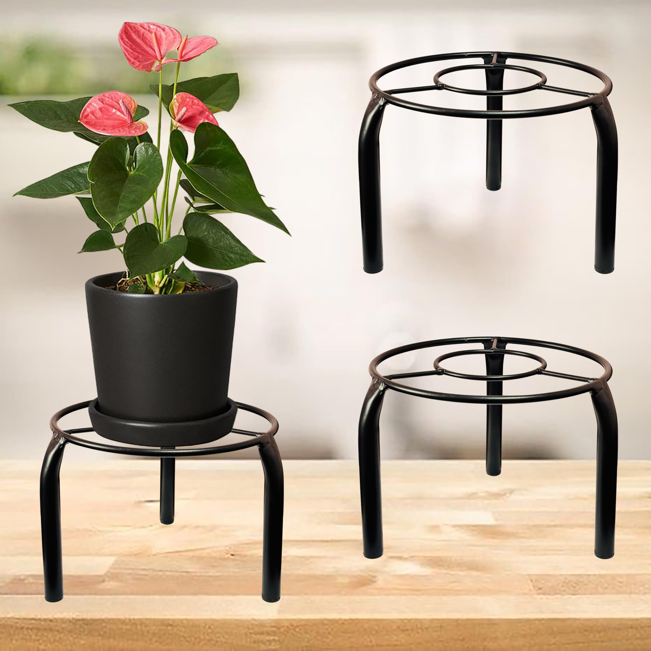 D&V Engineering Metal Plant Stand for Living Room, Balcony & Garden | Indoor/Outdoor Flower Pot Stand | Heavy-Duty | 50 kg Capacity | 19x19x15 cm | Pack of 2, Black | POT-14B-02
