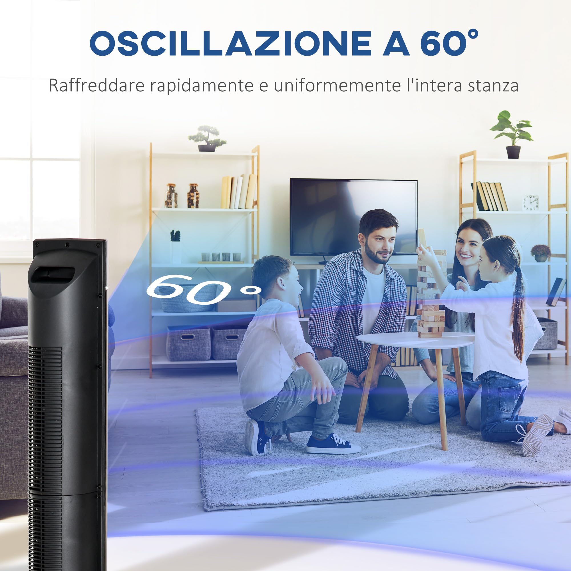 HOMCOM Ventilatore a Torre Ionizzatore 60W con 3 Velocità, 3 Modalità e Timer 8h, Ventilatore a Colonna da Terra in ABS, Ø32x106.8 cm, Nero