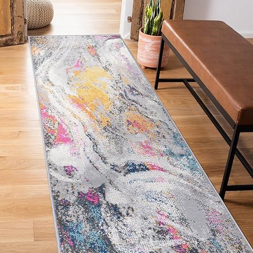 Rugshop Alfombra de pasillo suave abstracta contemporánea, envejecida, resistente a las manchas, 2 x 7 pies, multicolor