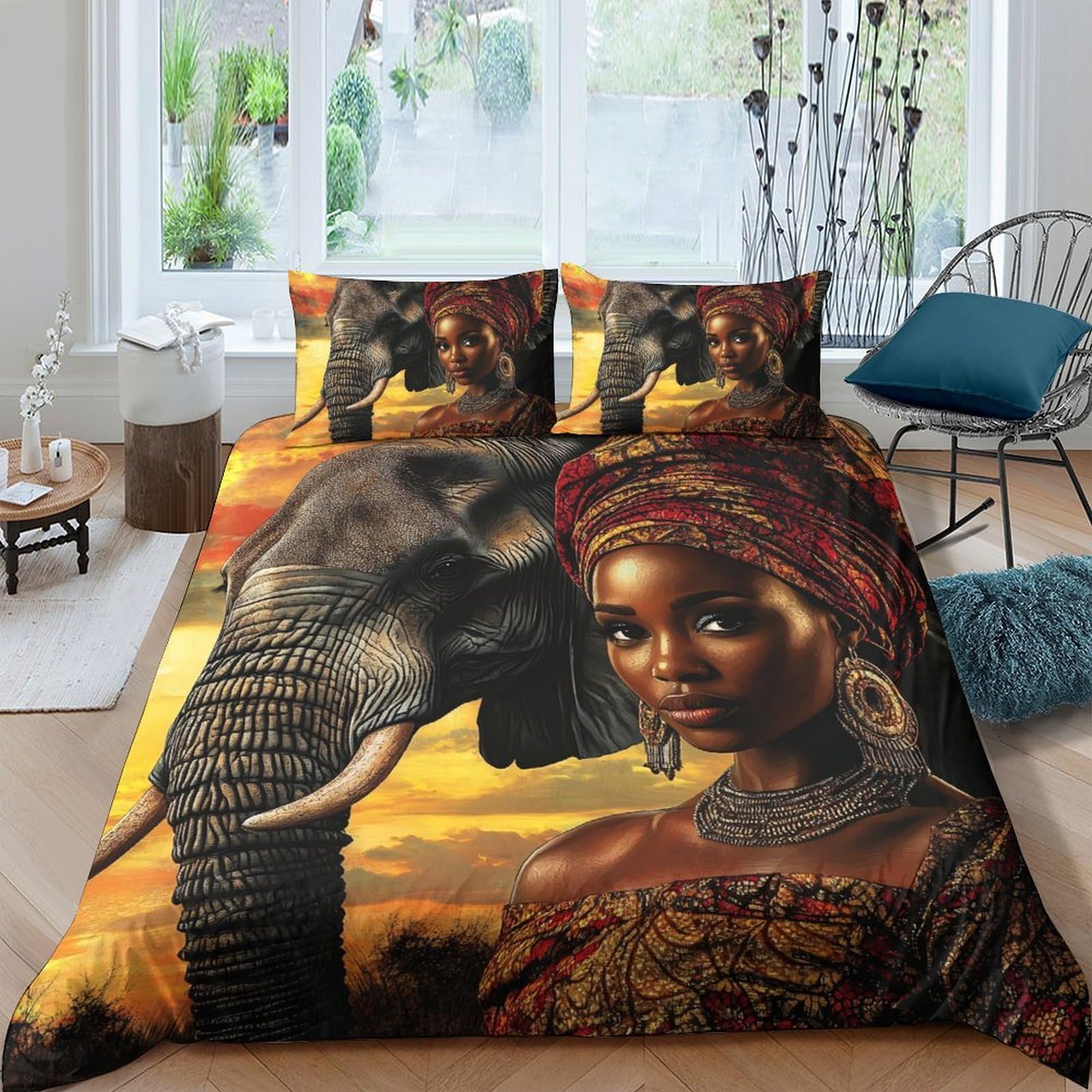 Ctjqhvkz Style-7 3D Printed African Elephant Fitted Sheet Microfiber Soft Bedroom Decor Tribal Woman Mattress Cover Single（135X200cm）