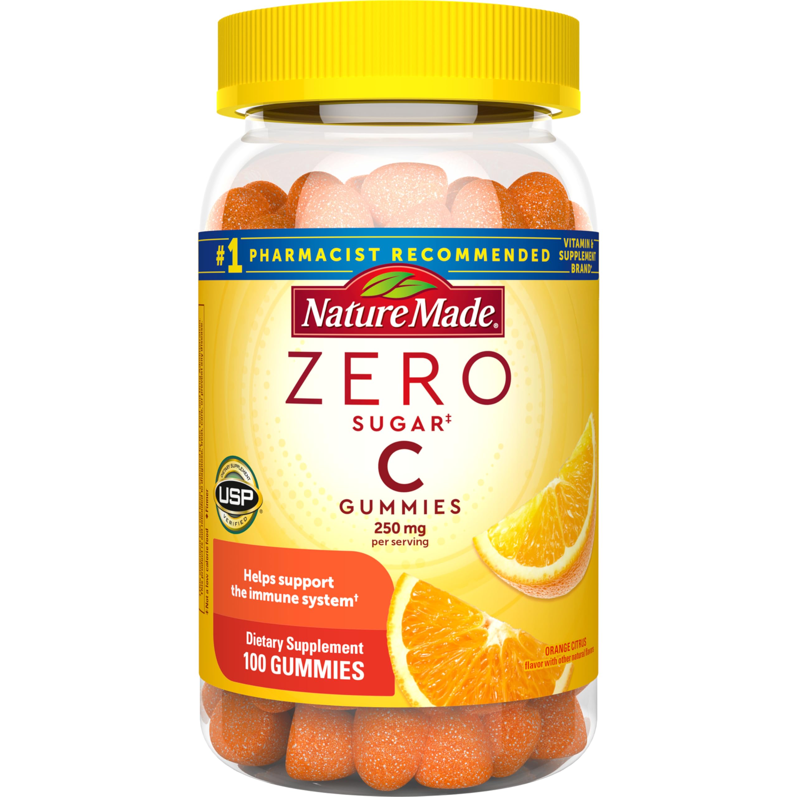 Nature Made Zero Sugar Vitamin C Gummies 250 mg per Serving, Immune & Antioxidant Support, Aspartame Free, 100 Sugar Free Gummies, 50 Day Supply