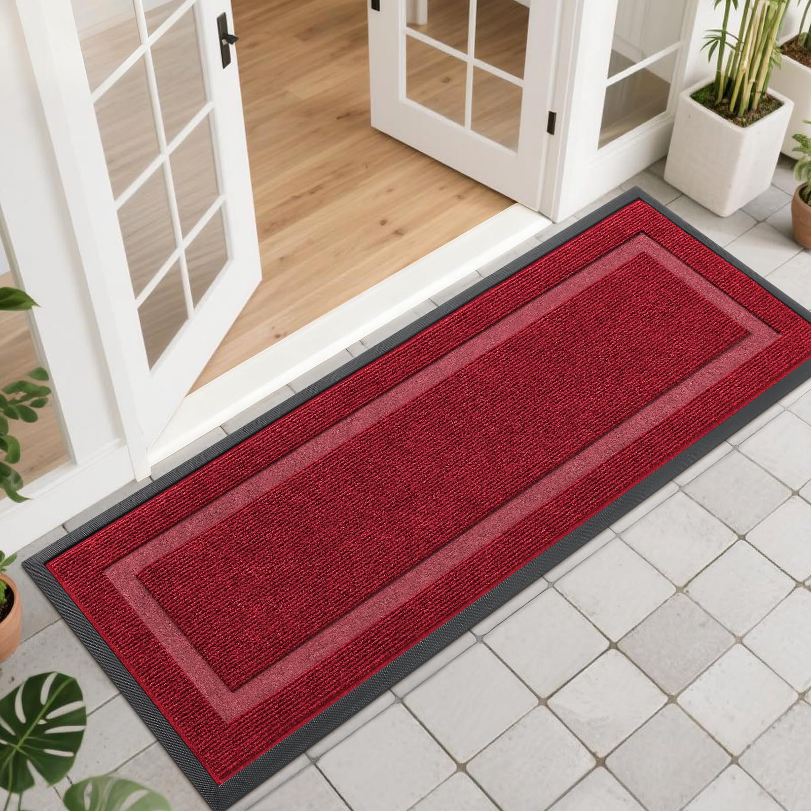 OLANLY Front Door Mat Indoor Outdoor Entrance, Waterproof All-Season, All-Weather Doormat, Sturdy Natural Rubber, Fade Resistant, Low Profile, Easy Clean Patio Porch Entryway Mat, 47x17, Wine Red