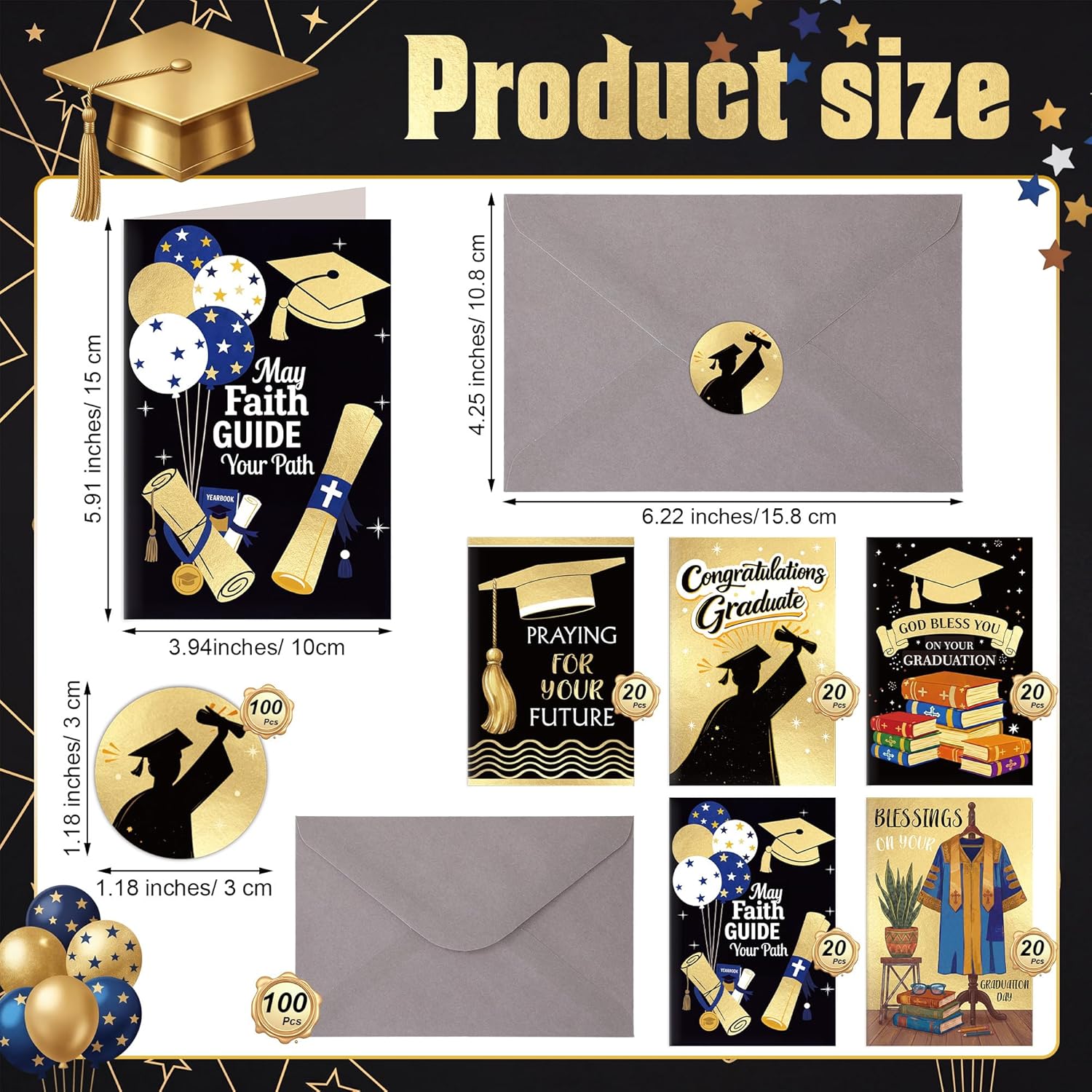 Eaasty 100 Pack Christian Graduation Cards Bulk with Envelopes and Seals, Religious Congratulations Cards with Bible Inspired Messages, 5 Designs (20 Each), 4x6 Inch