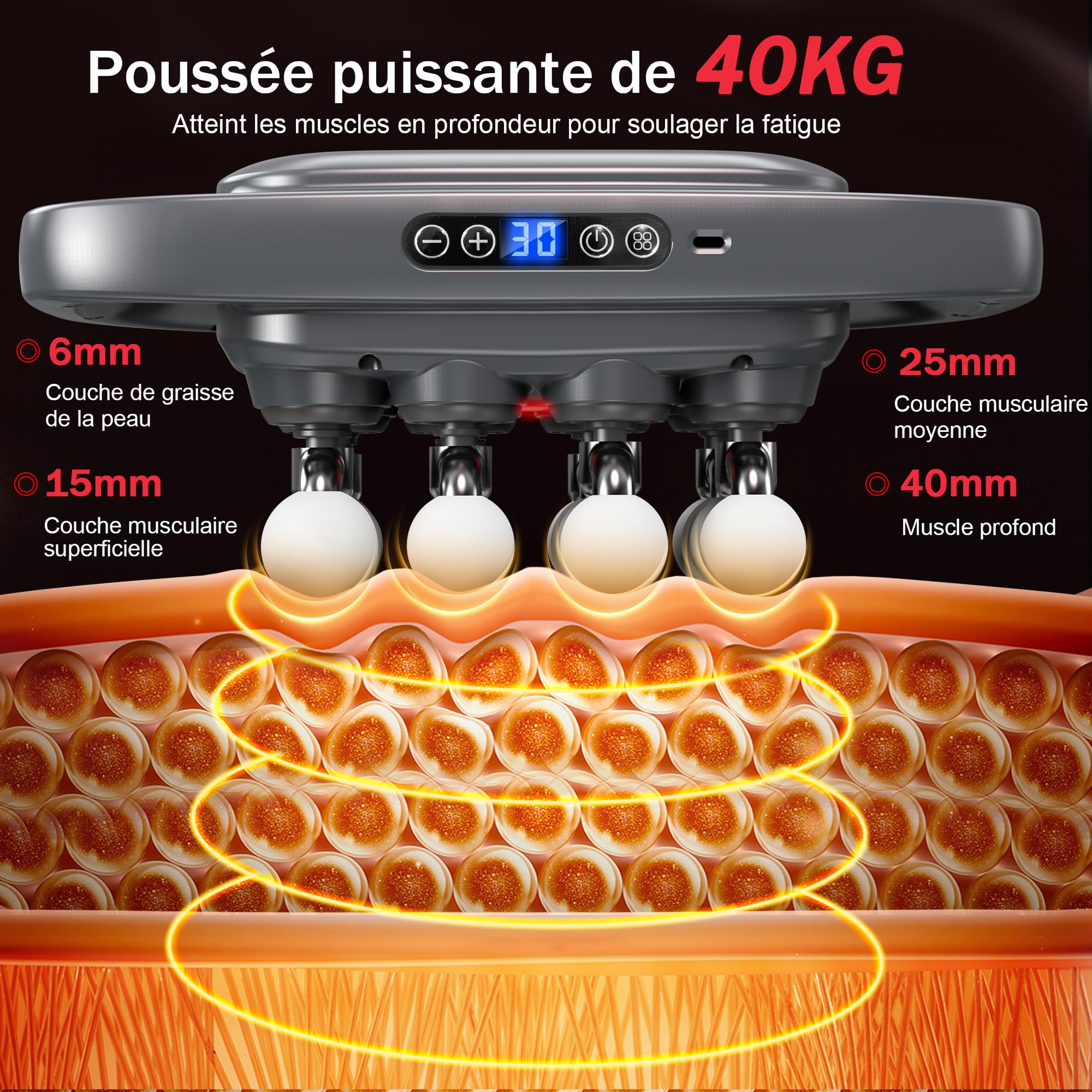 Pistolet de Massage à 16 Têtes, avec 3 Modes et 30 Vitesses Réglables, Masseur avec Lumière Rouge pour Soulager Les Tensions Musculaires et La Fatigue pour Le Dos, La Taille