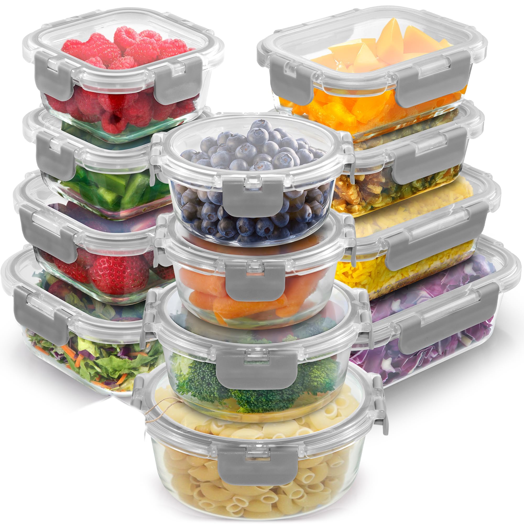Zulay 12er-Set Glas-Frischhaltedosen für Meal Prep, Tupperdosen Set aus Glas mit luftdichten Deckeln - Meal Prep Boxen Gläser, spülmaschinen-, mikrowellen-, ofen- & gefriergeeignet, BPA-frei - Grau