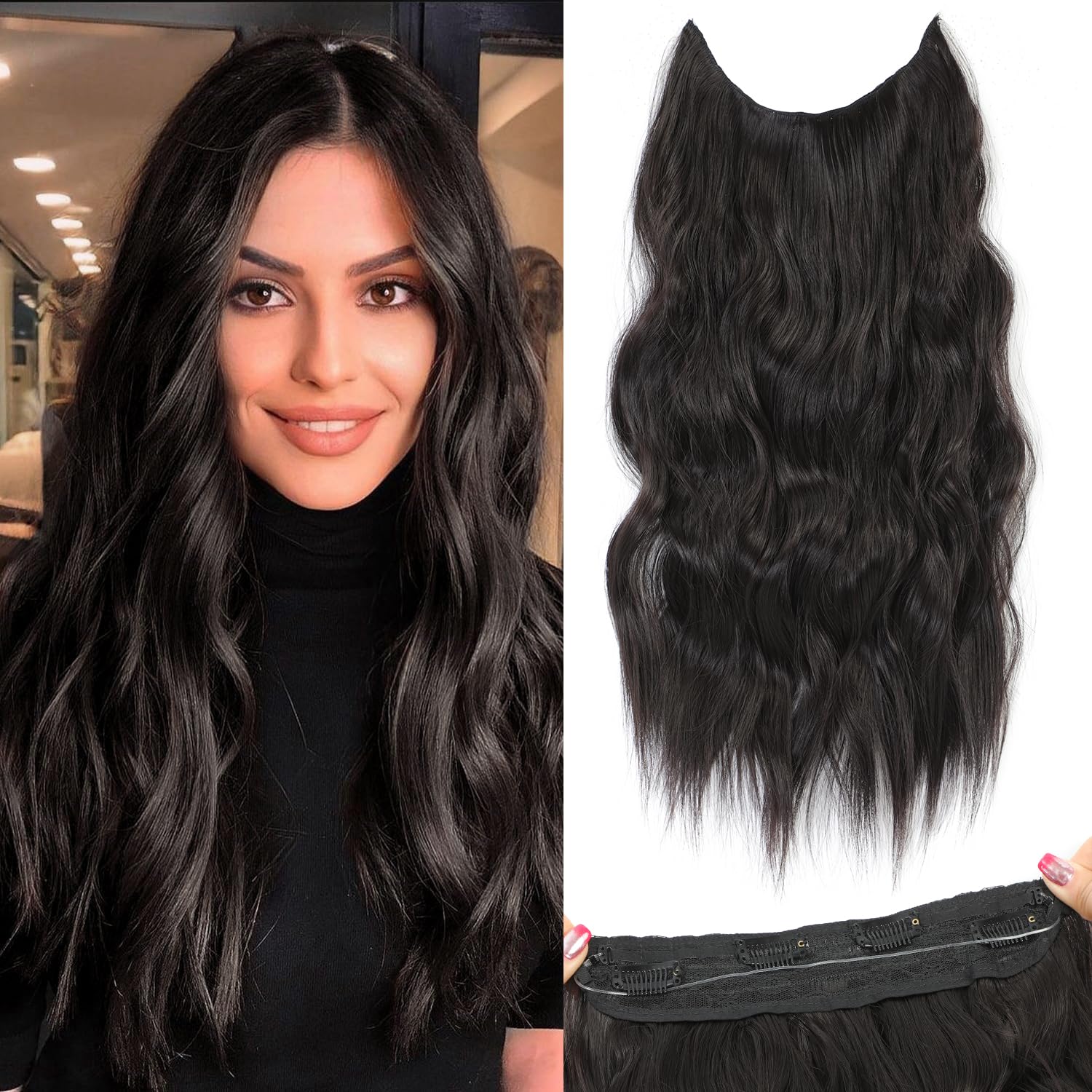 BUPPLER Halo Hair Extensions 20 Inch Invisible Wire Hair Extensions Adjustable Long Wavy Hairpiece Synthetic Upgrade 4 Secure Clips in Hairpieces 20