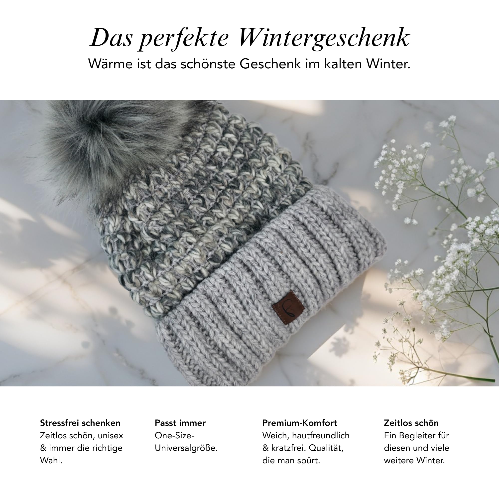 Baesics Gorro de punto con pompón para hombre y mujer – Gorro de invierno unisex cálido con forro polar y pompón de piel sintética, talla única, estilo beanie