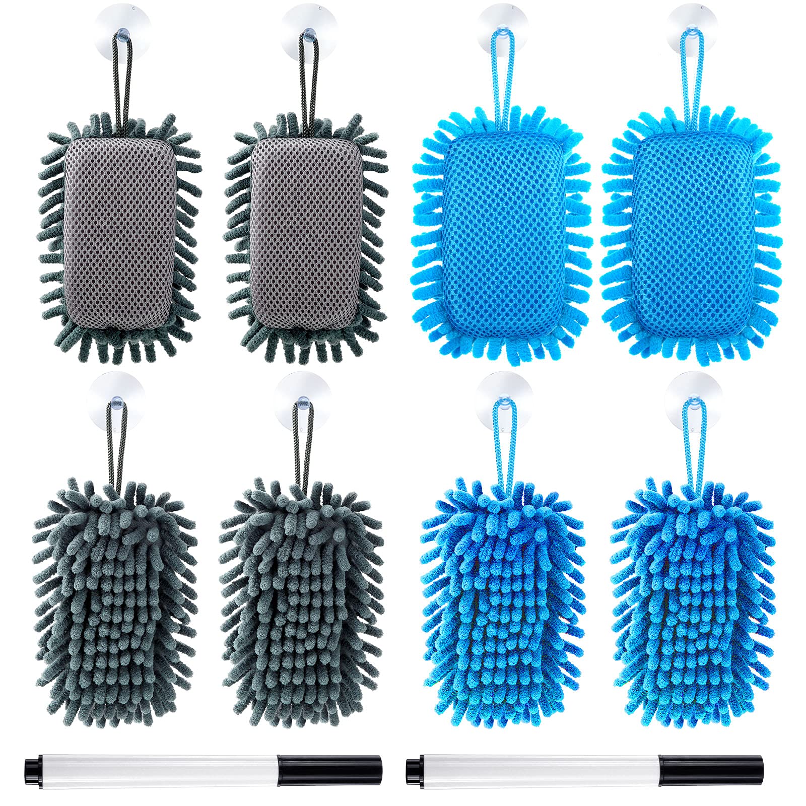 4 Pieces Shag Dry Erase Eraser Microfiber Whiteboard Eraser with Suction Cup and Hook Washable Glass Board Eraser and 2 Pieces Whiteboard Markers for Classroom Home and Office Use (Grey, Blue)