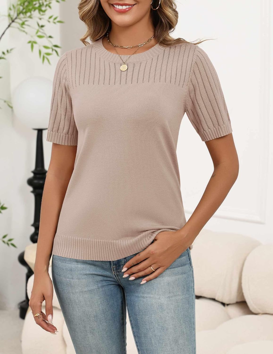 Zeagoo Women's Short Sleeve Sweater Tops 2026 Spring Summer Crew Neck Hollow Out Blouses Dressy Business Casual Outfits - Image 2