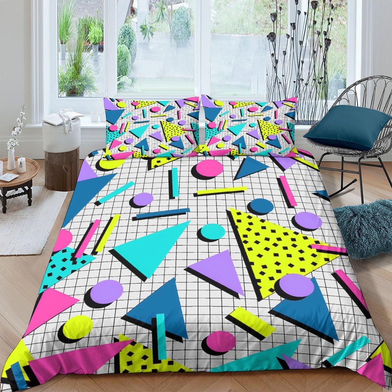 Ctjqhvkz Style-1 3D Printed Geometric Memphis Style Fitted Sheet Microfiber Colorful Abstract Bed Cover For Bedroom Dorm Decor Single（135X200cm）