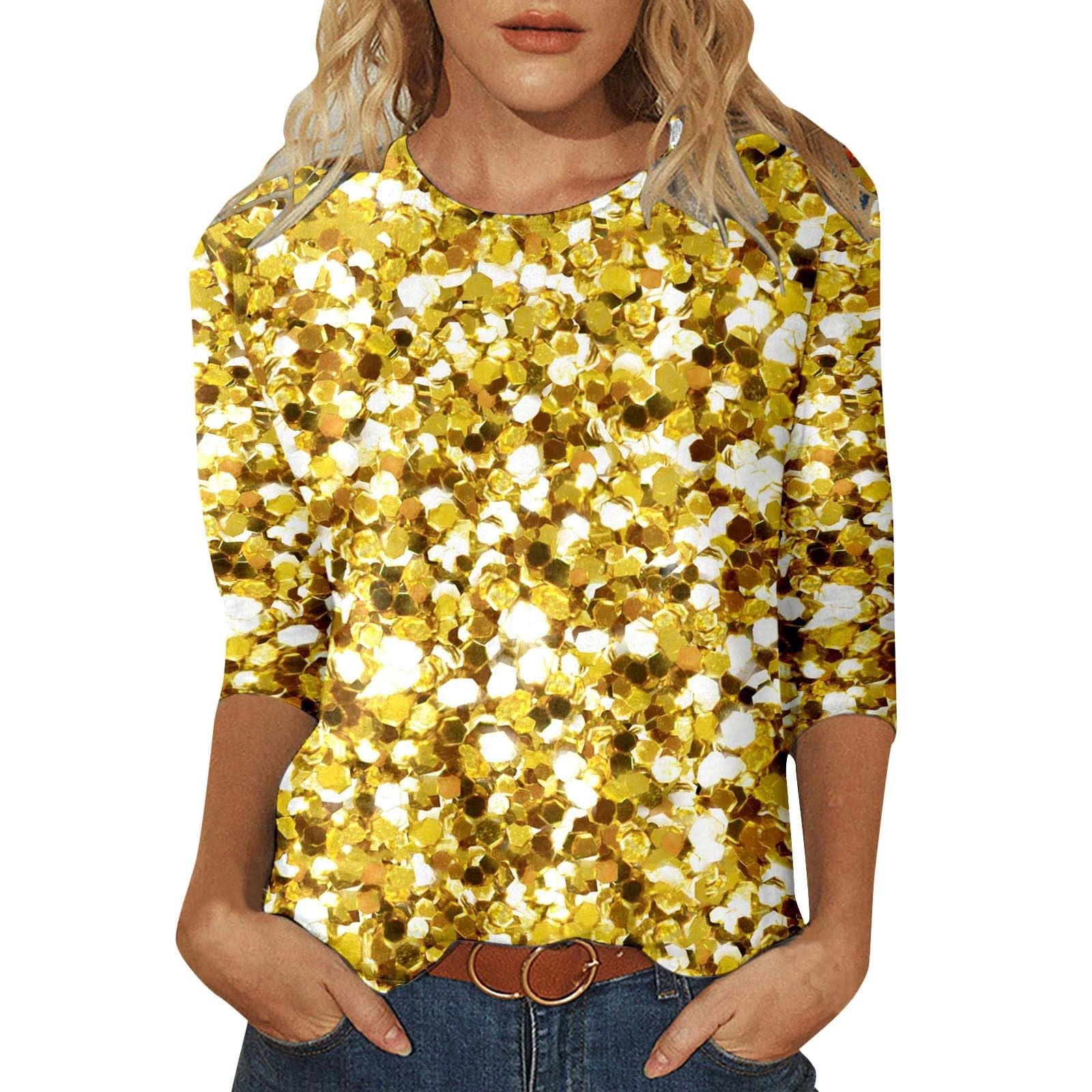 NNGOTDWomen's Sequin Tops 3/4 Sleeve Glitter Sparkly Party Blouse Sparkle T-Shirts Going Out Shirt Ladies Blouse T-Shirt Casual Loose Tshirts Loose Longine Shirts