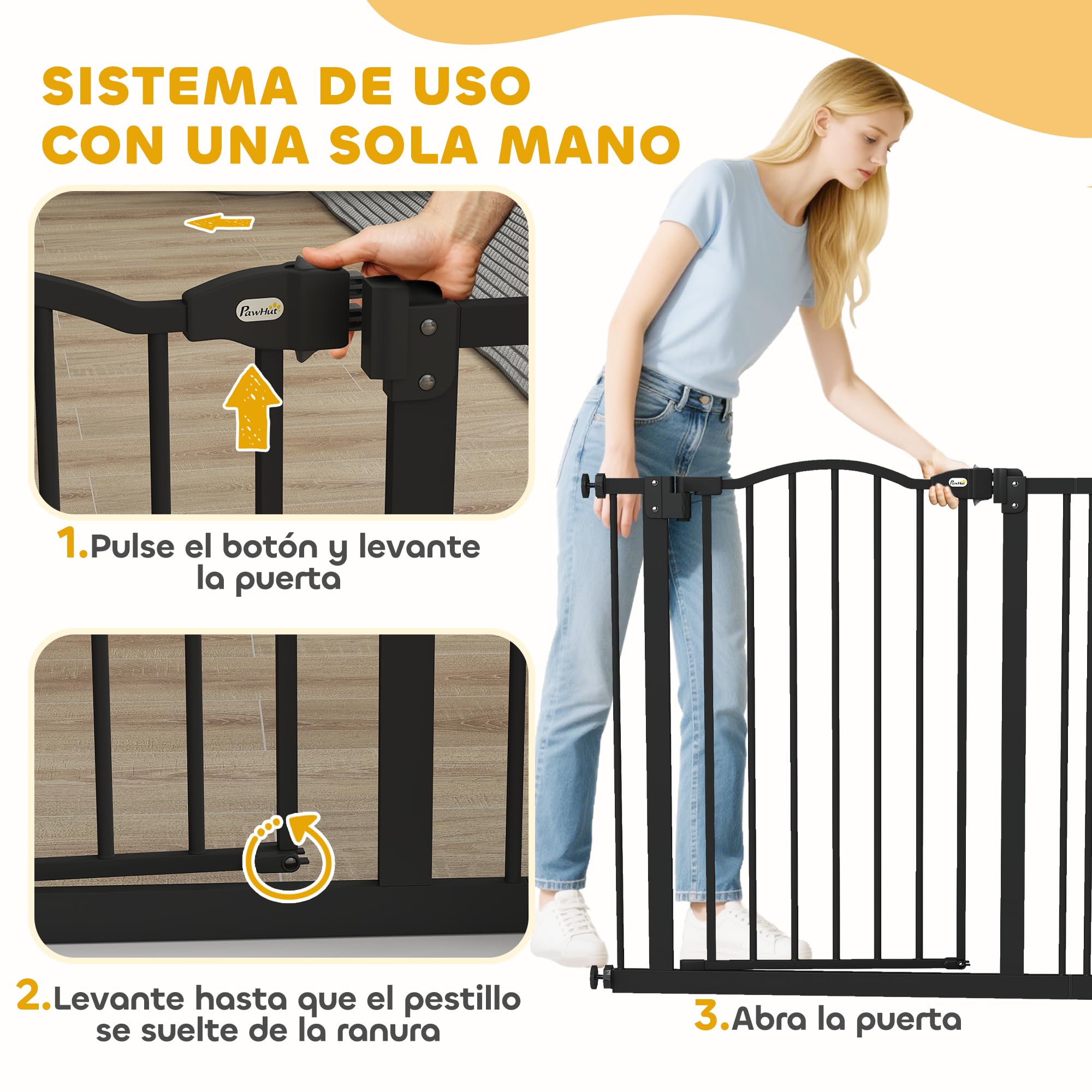 PawHut Barrera de Seguridad para Perros Extensible 74-87 cm, para Puertas y Escaleras, Barrera para Perros con Extensión 7 cm, Montaje a Presión y Doble Bloqueo, Negro